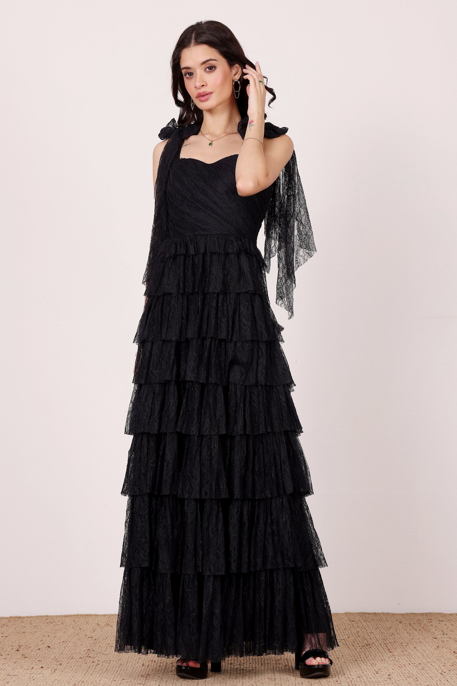 Ophelia Lace Maxi Dress with Tie Detail in Black