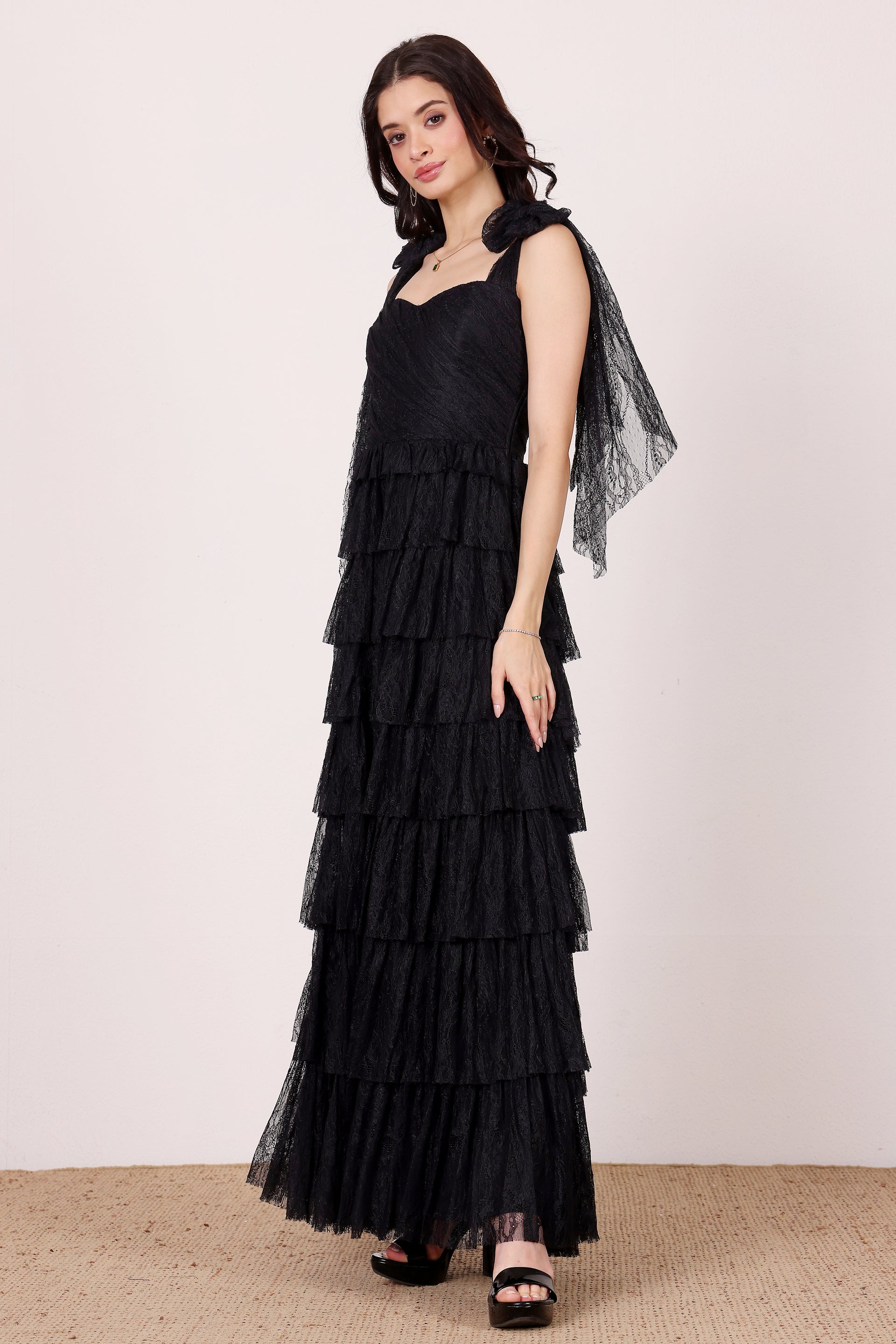 Ophelia Lace Maxi Dress with Tie Detail in Black