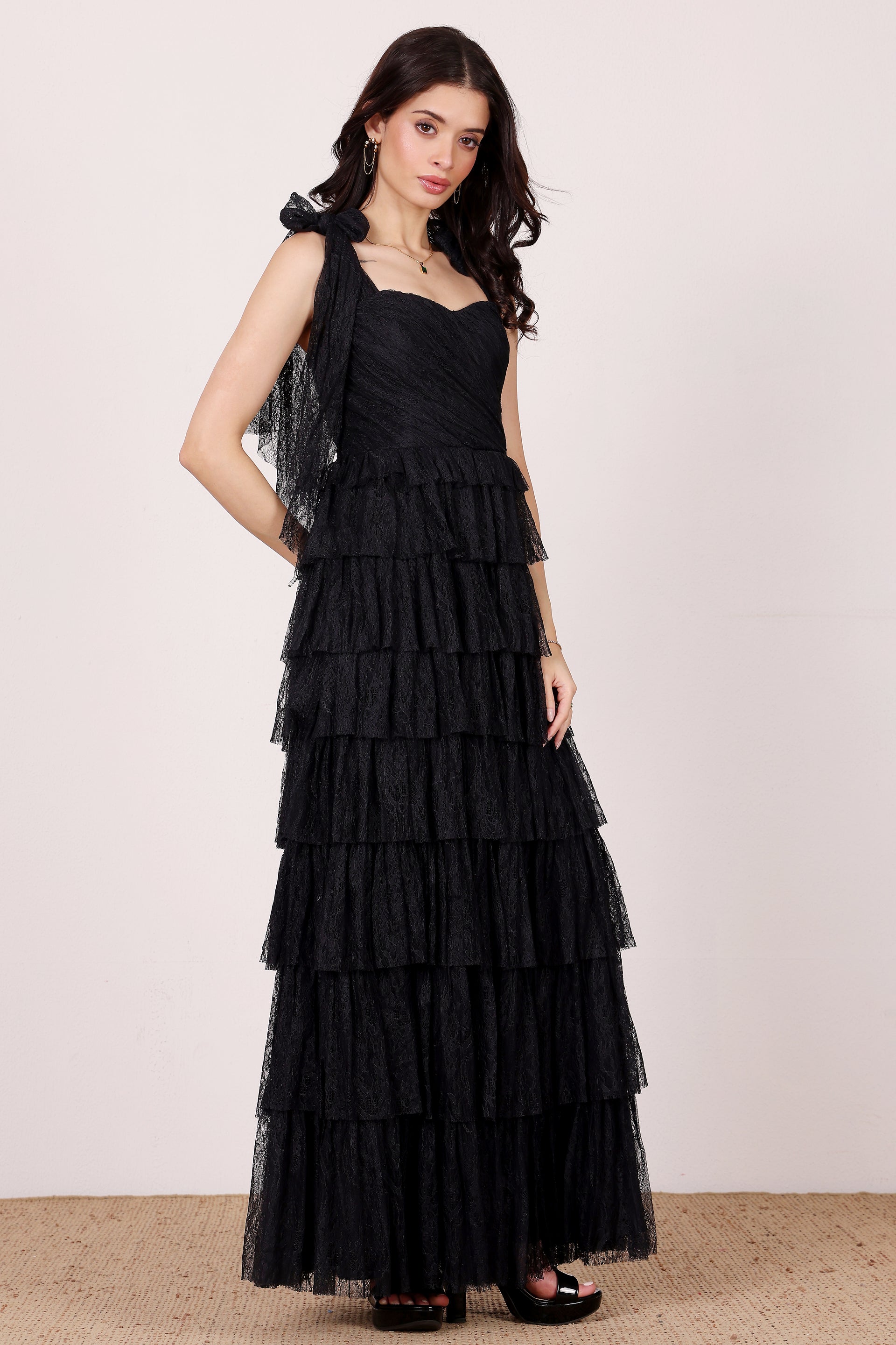 Ophelia Lace Maxi Dress with Tie Detail in Black