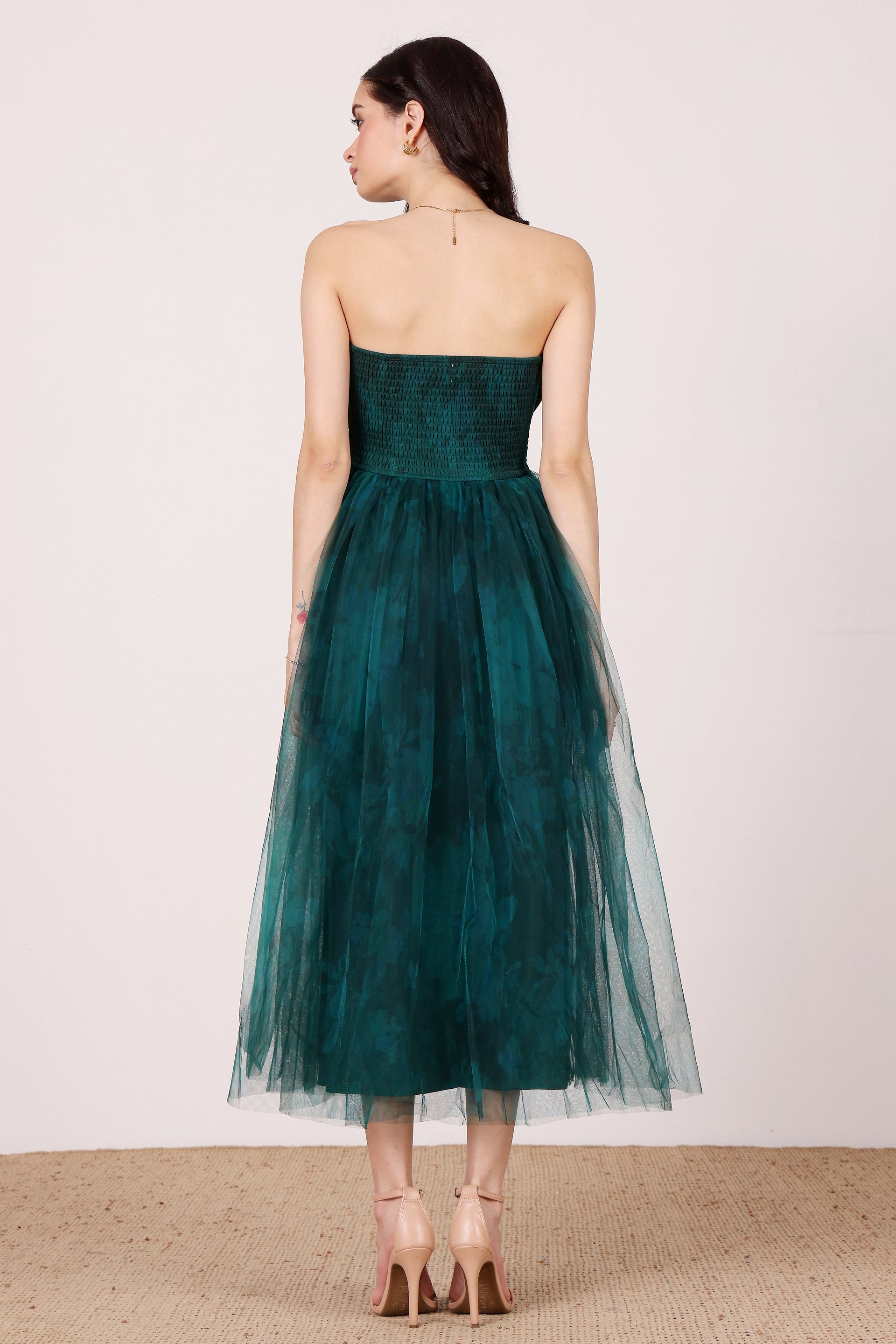 Nusrat Tulle Midi Dress in Jade Green Floral