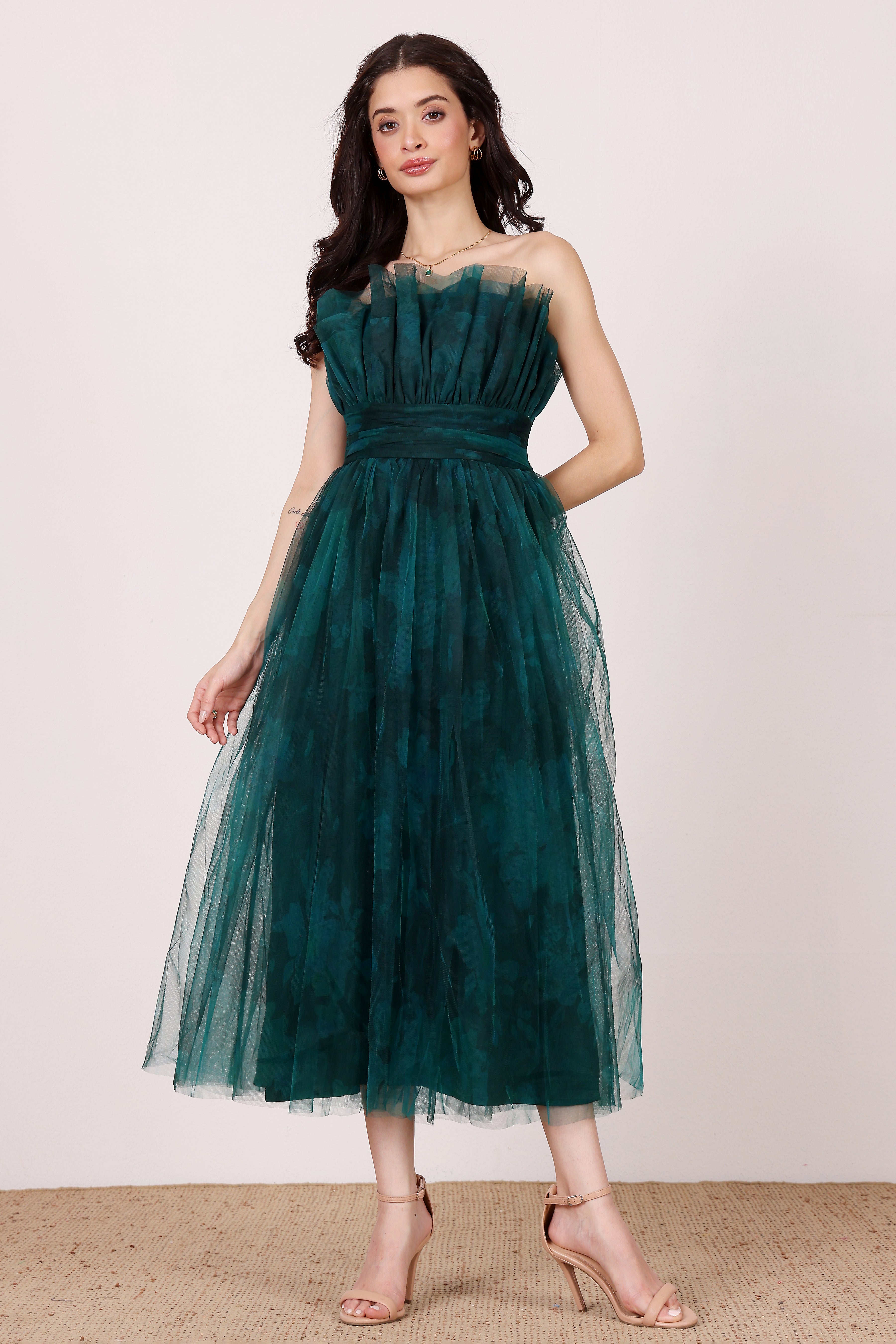 Nusrat Tulle Midi Dress in Jade Green Floral