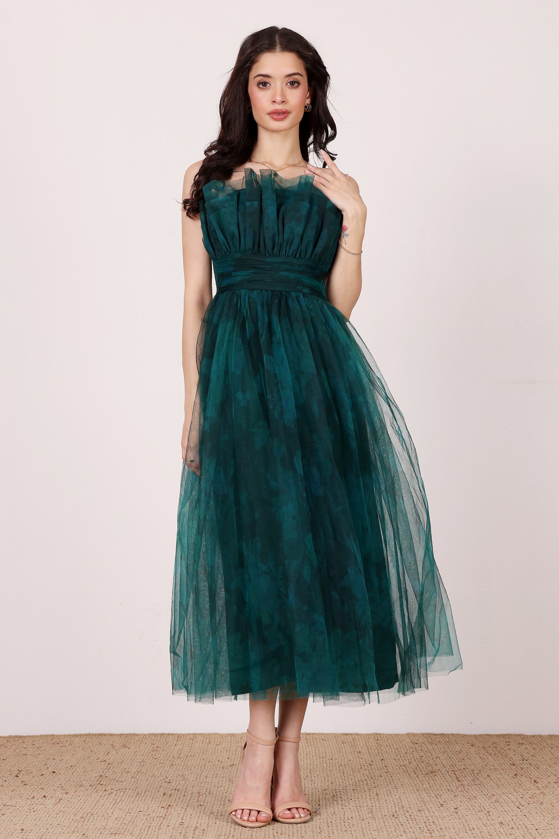 Nusrat Tulle Midi Dress in Jade Green Floral