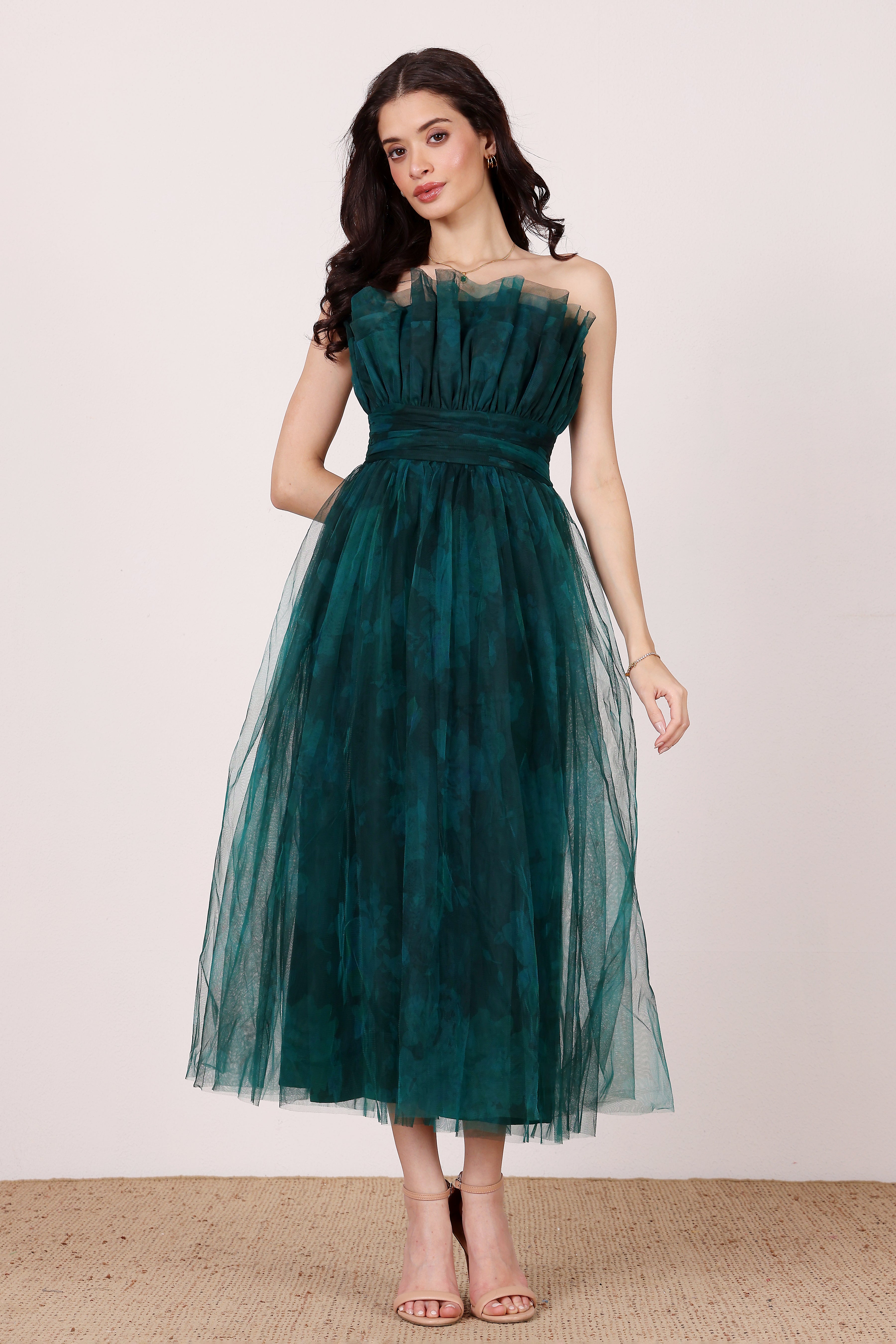 Nusrat Tulle Midi Dress in Jade Green Floral
