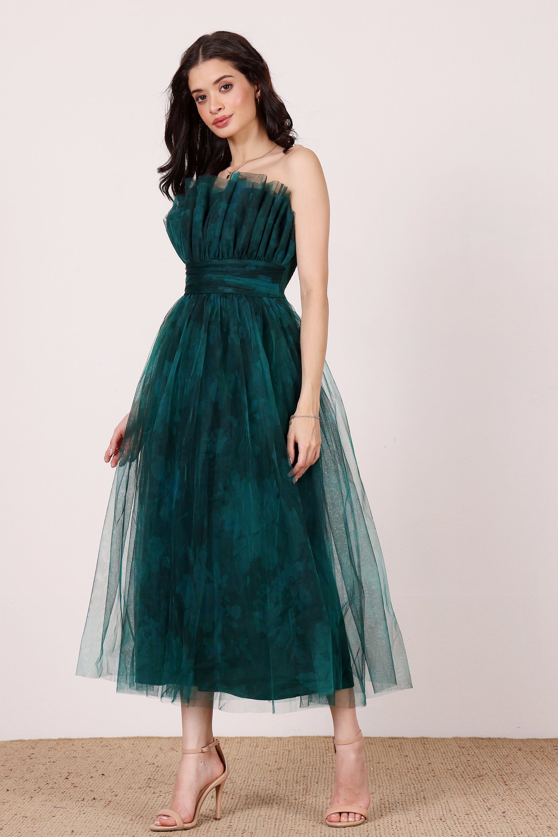 Nusrat Tulle Midi Dress in Jade Green Floral