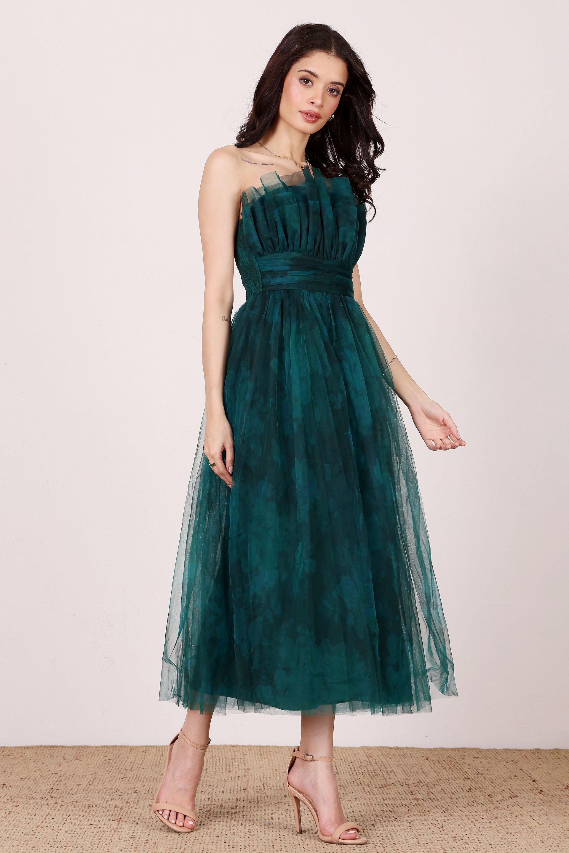 Strapless shirred back bandeau cinched waist jade green floral tulle mesh midi formal wedding dress
