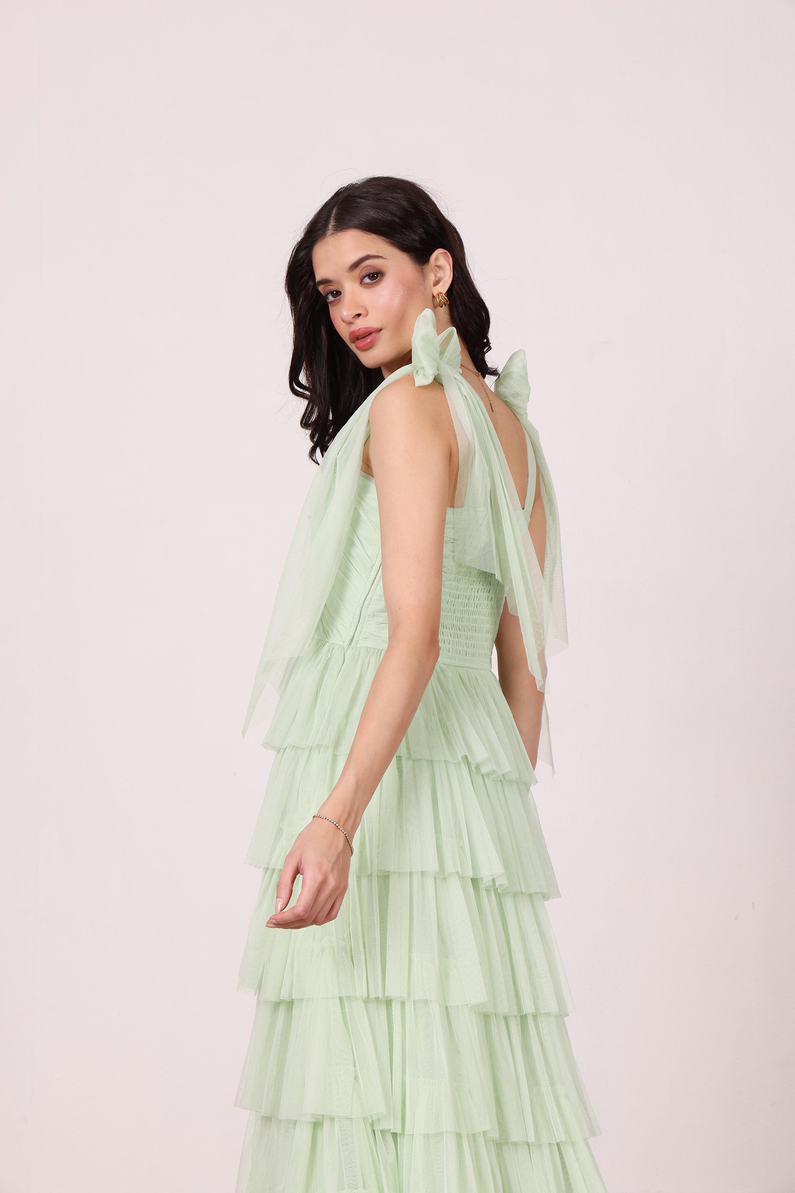 Ophelia Tulle Maxi Dress with Tie Detail in Sage Green