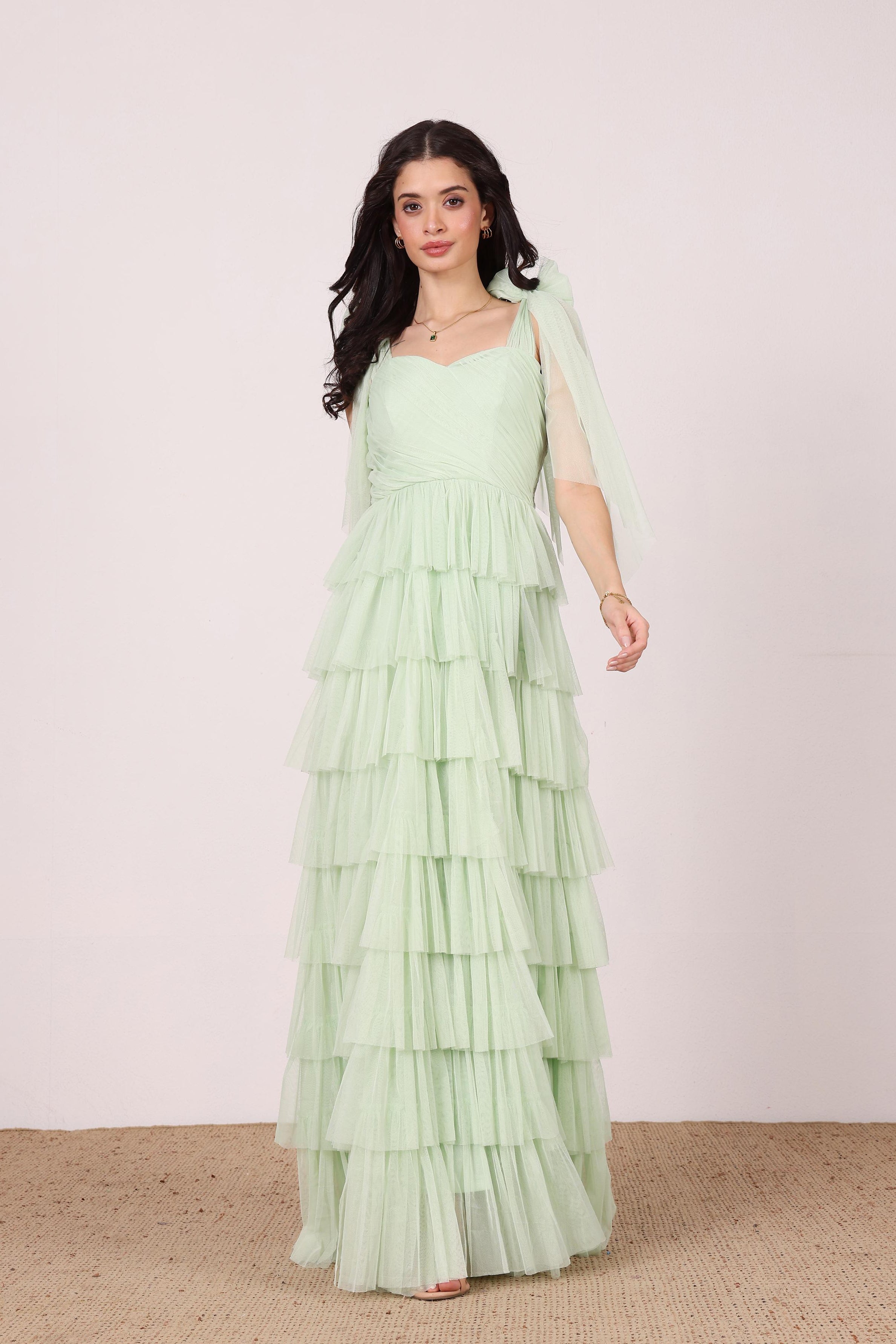 Bow shoulder sweetheart neckline mesh tulle formal bridesmaid green mint sage tirered maxi dress