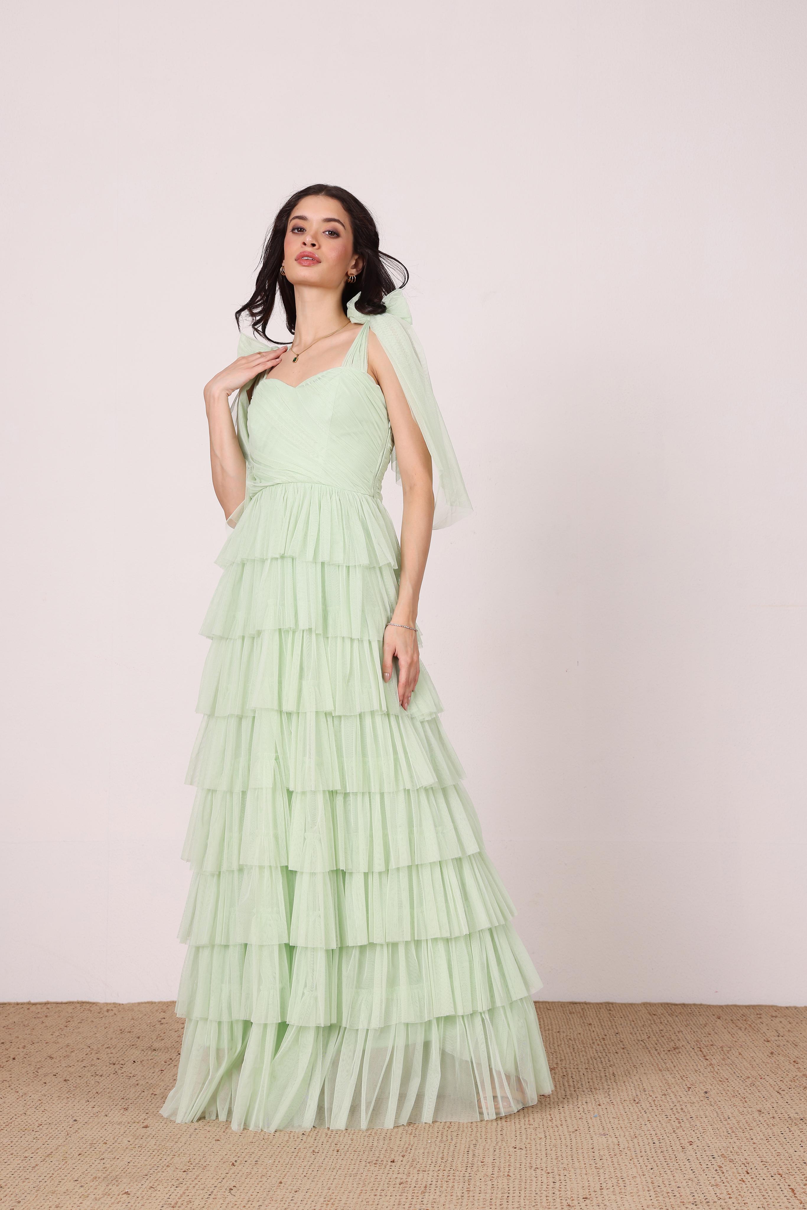 Ophelia Tulle Maxi Dress with Tie Detail in Sage Green
