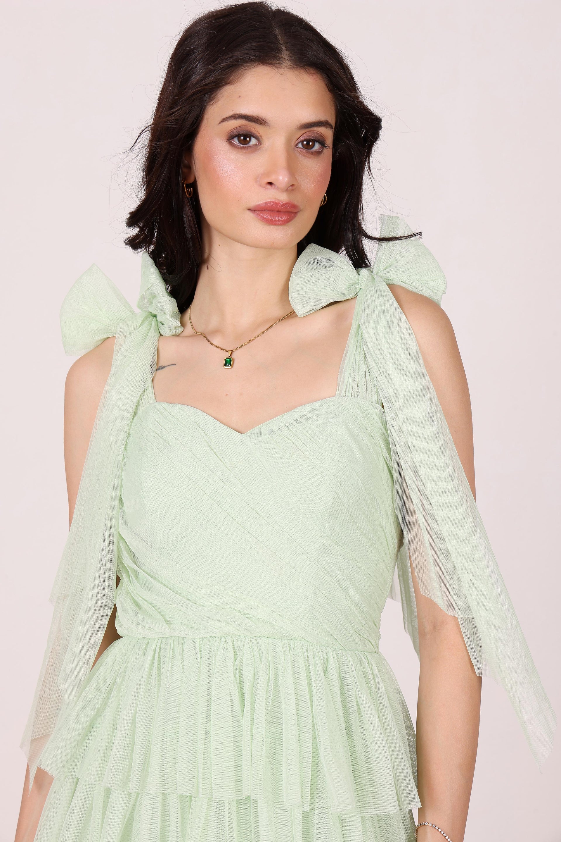 Bow shoulder sweetheart neckline mesh tulle formal bridesmaid green mint sage tirered maxi dress
