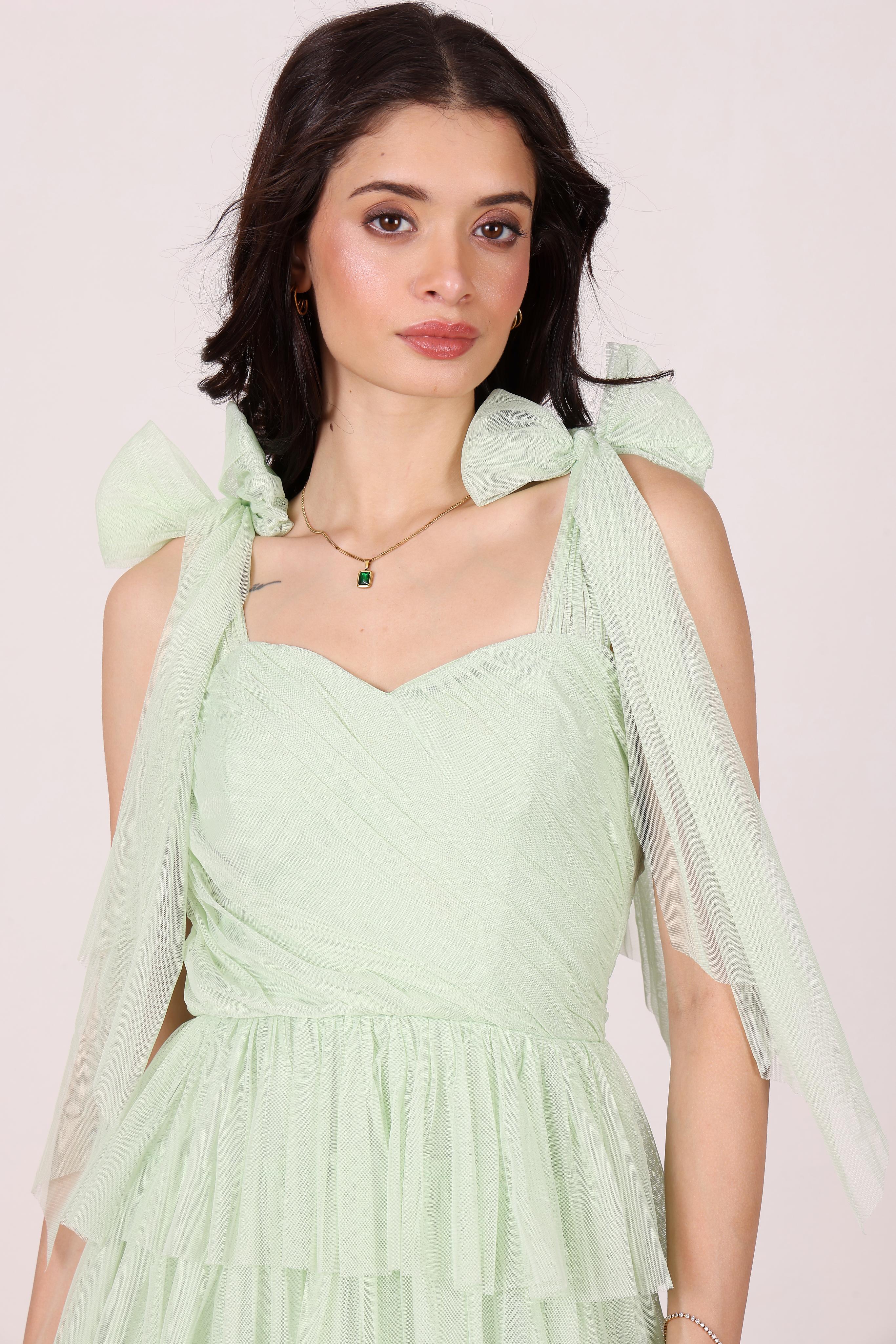 Bow shoulder sweetheart neckline mesh tulle formal bridesmaid green mint sage tirered maxi dress