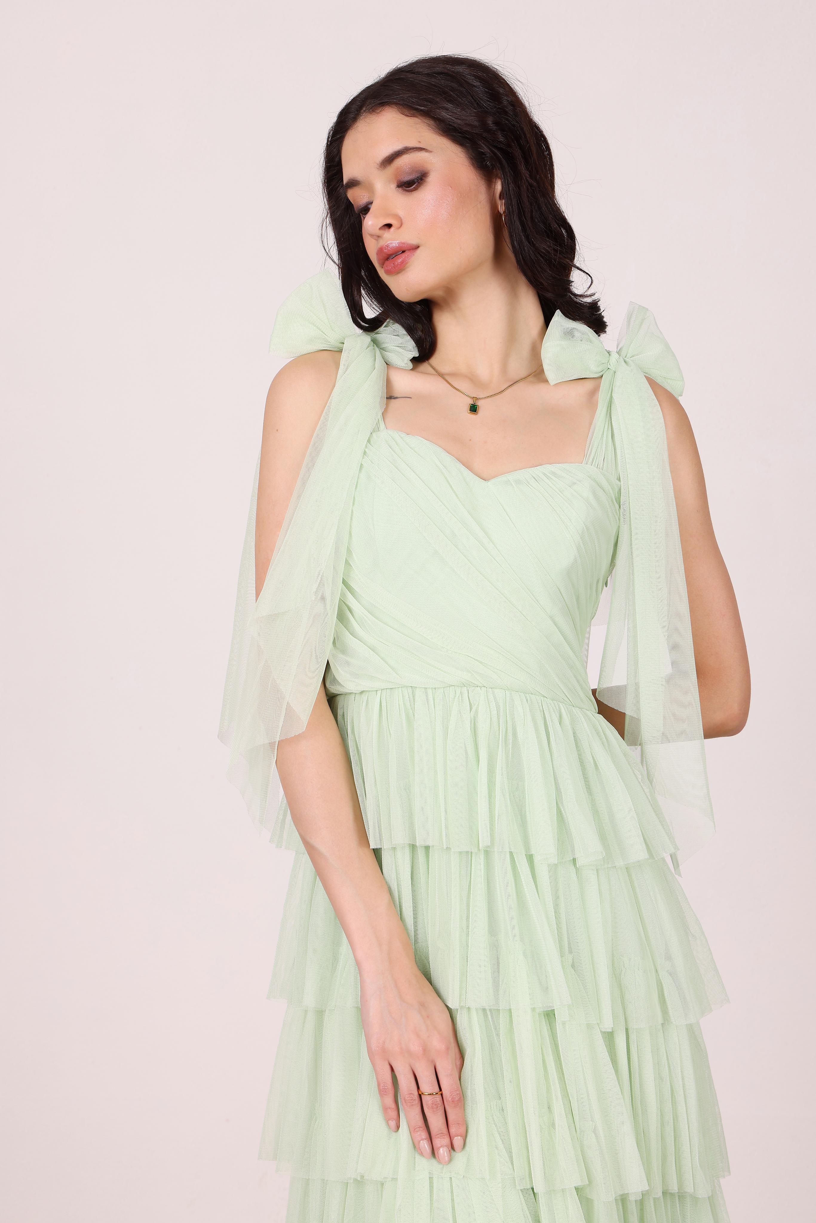 Ophelia Tulle Maxi Dress with Tie Detail in Sage Green