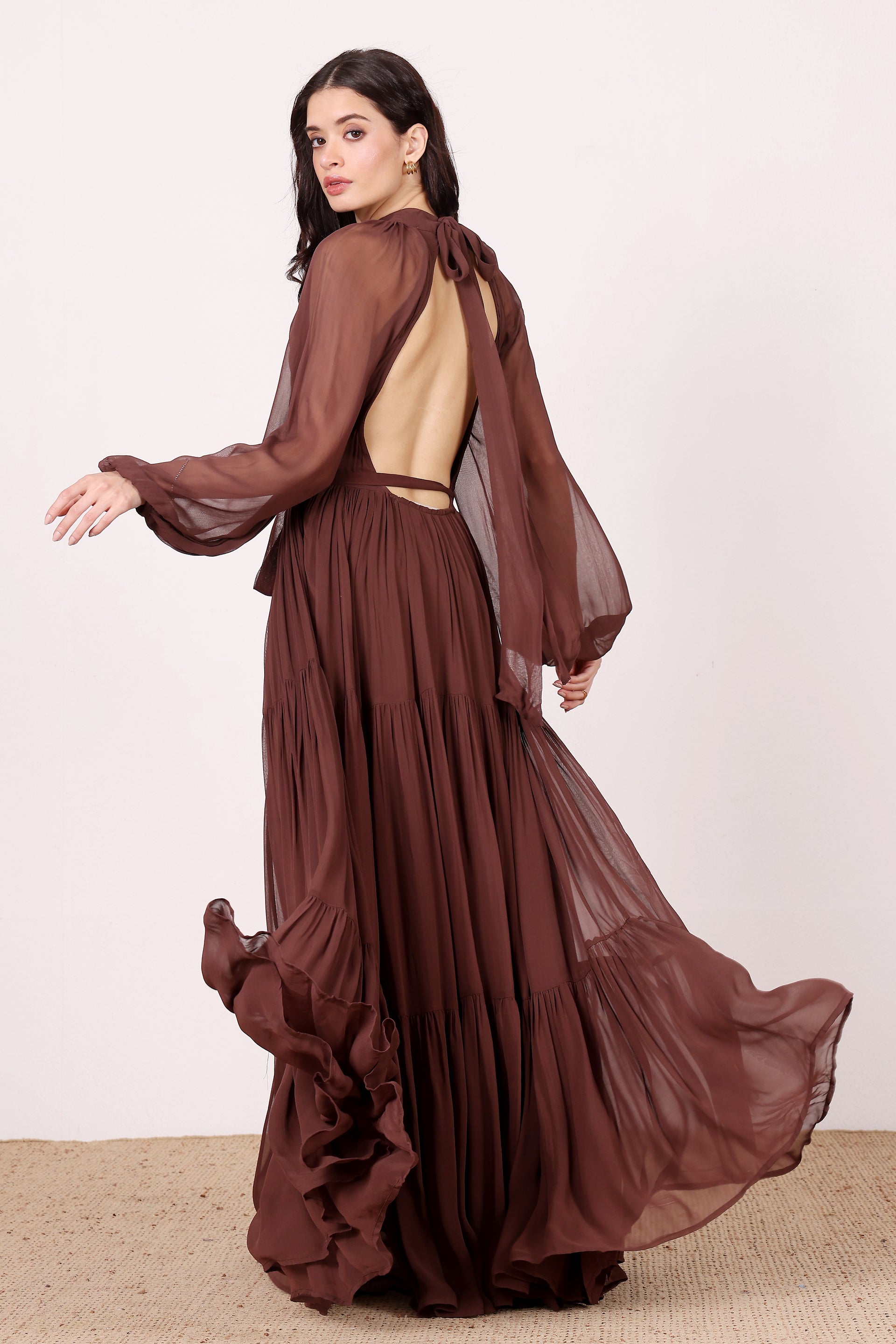 Long sleeve backless open-back viscose georgette maxi dress brown chocolate 