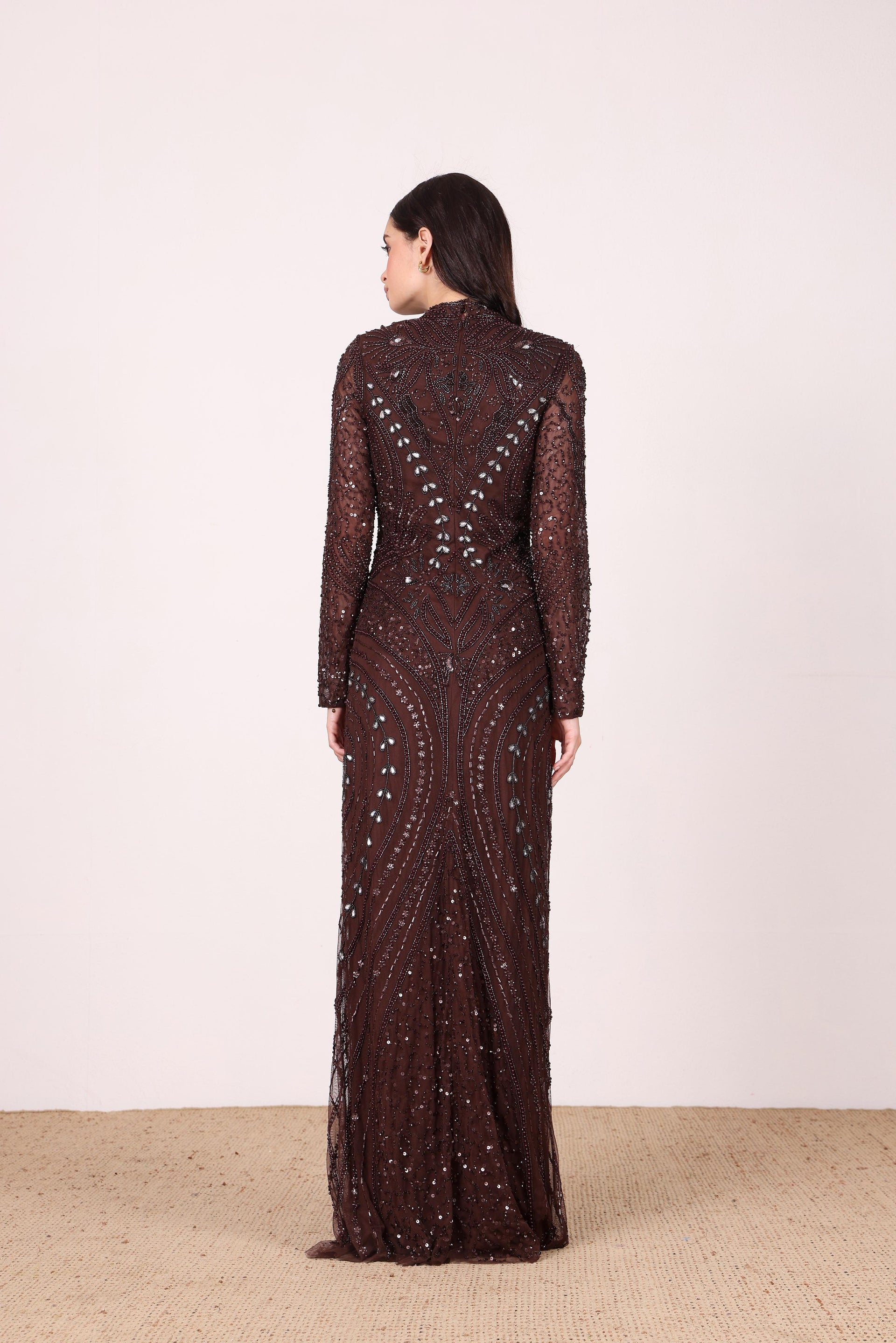 Lotus Embellished Maxi Dress in Chocolate Brown