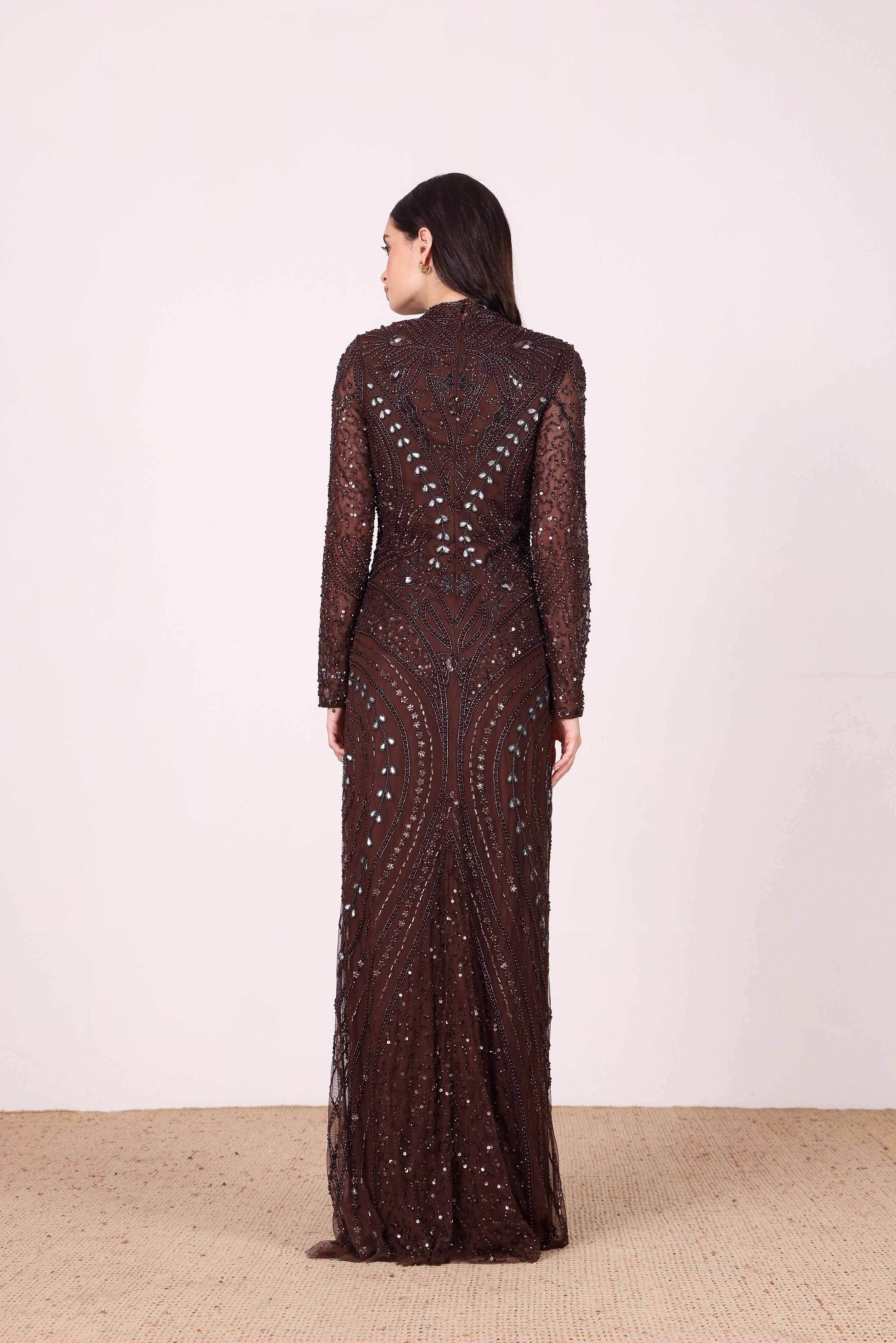 Lotus Embellished Maxi Dress in Chocolate Brown
