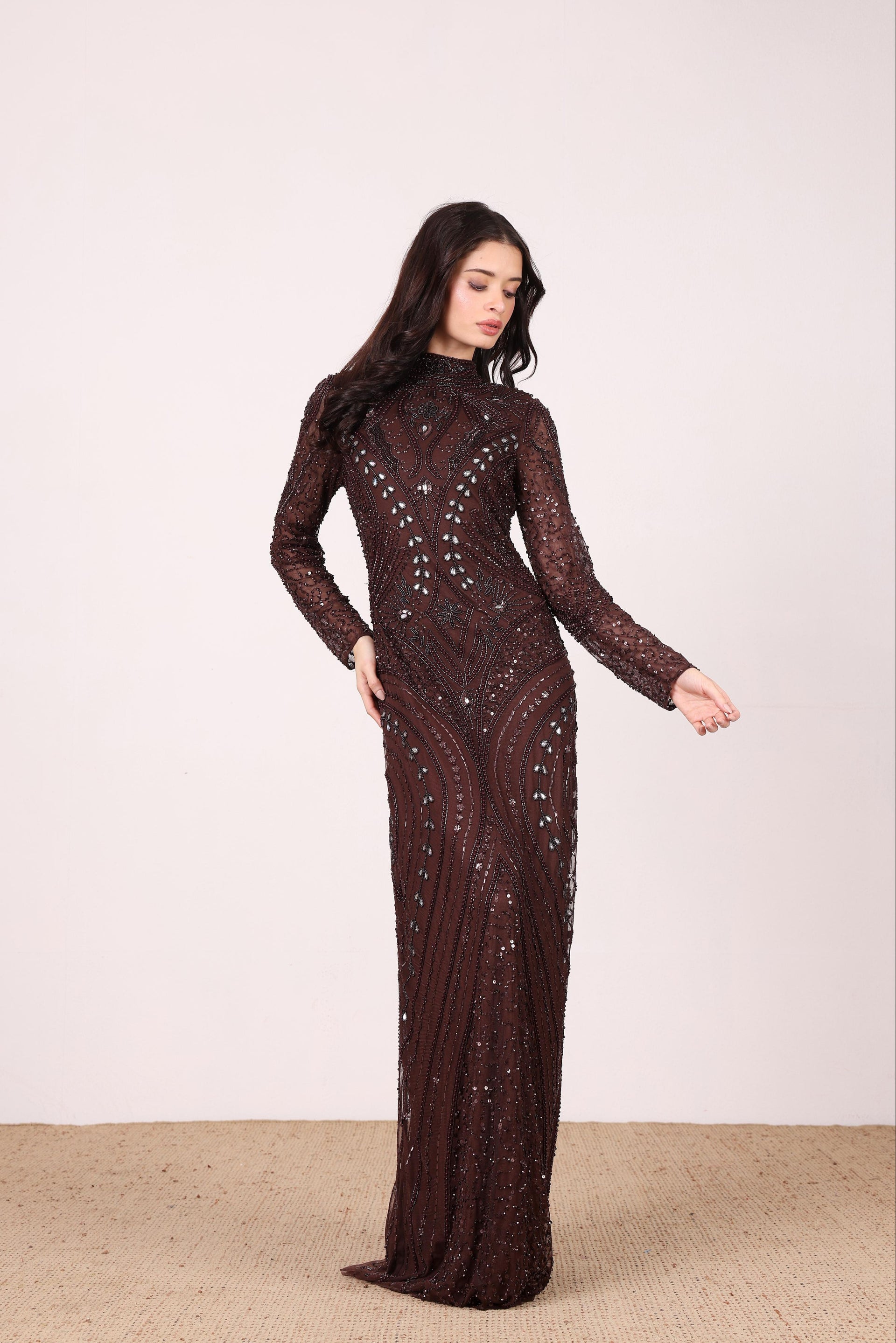 Lotus Embellished Maxi Dress in Chocolate Brown
