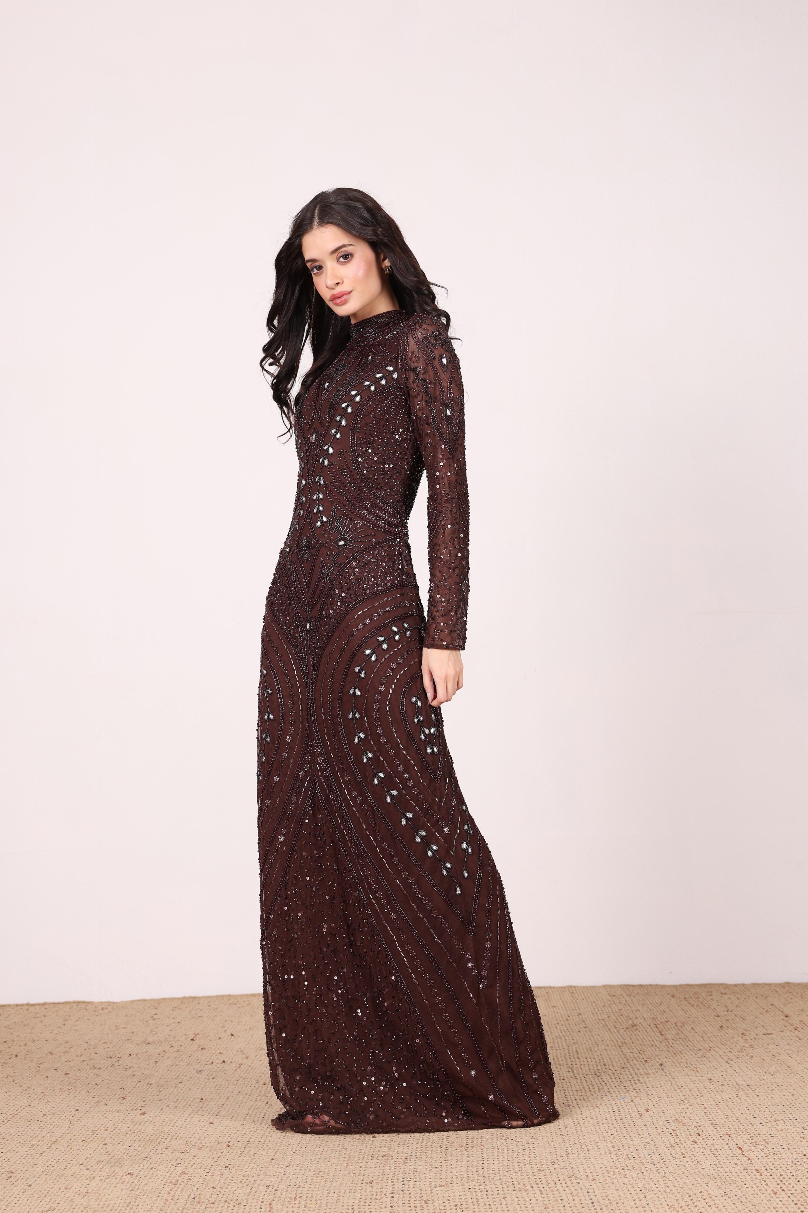 Lotus Embellished Maxi Dress in Chocolate Brown