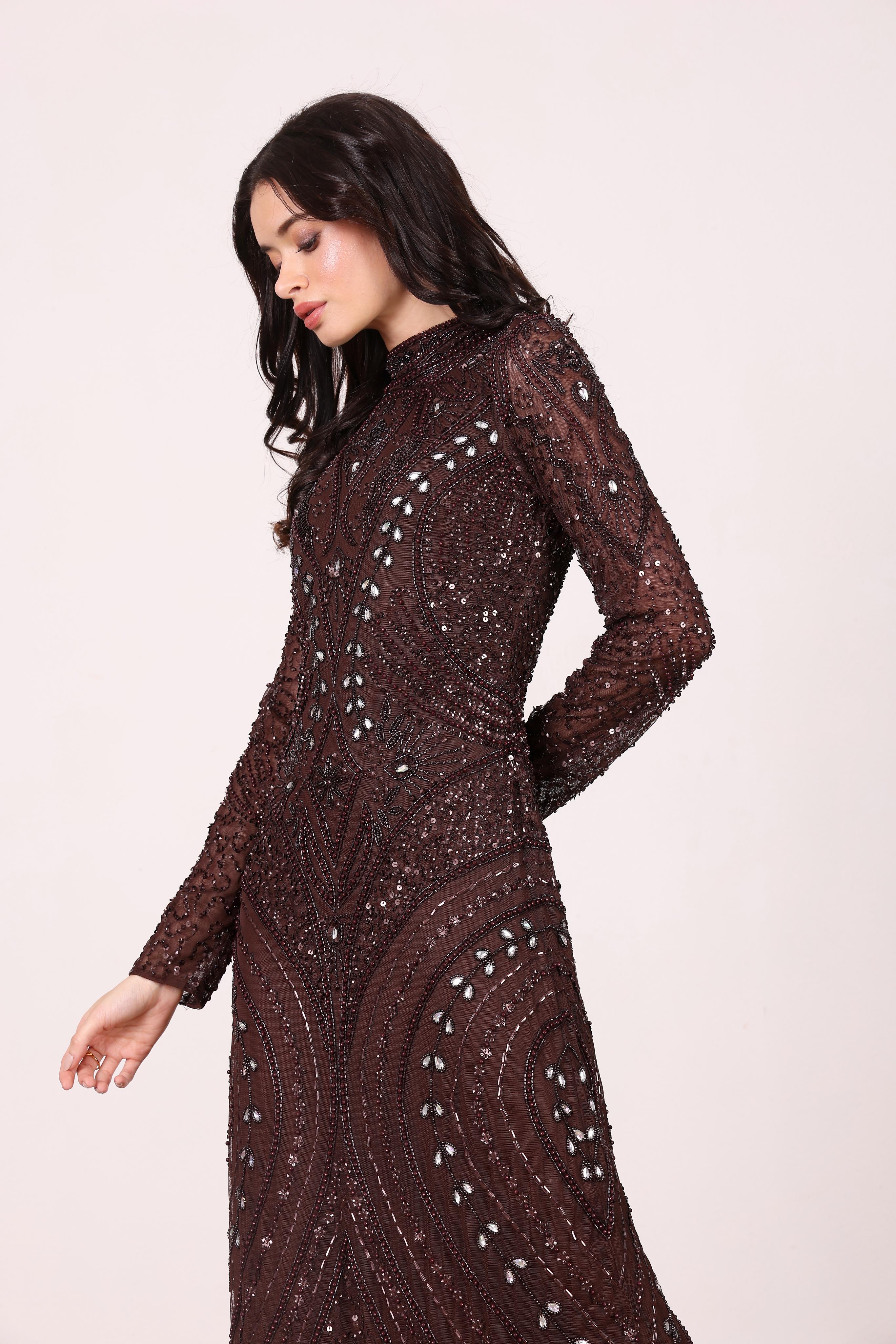 Lotus Embellished Maxi Dress in Chocolate Brown