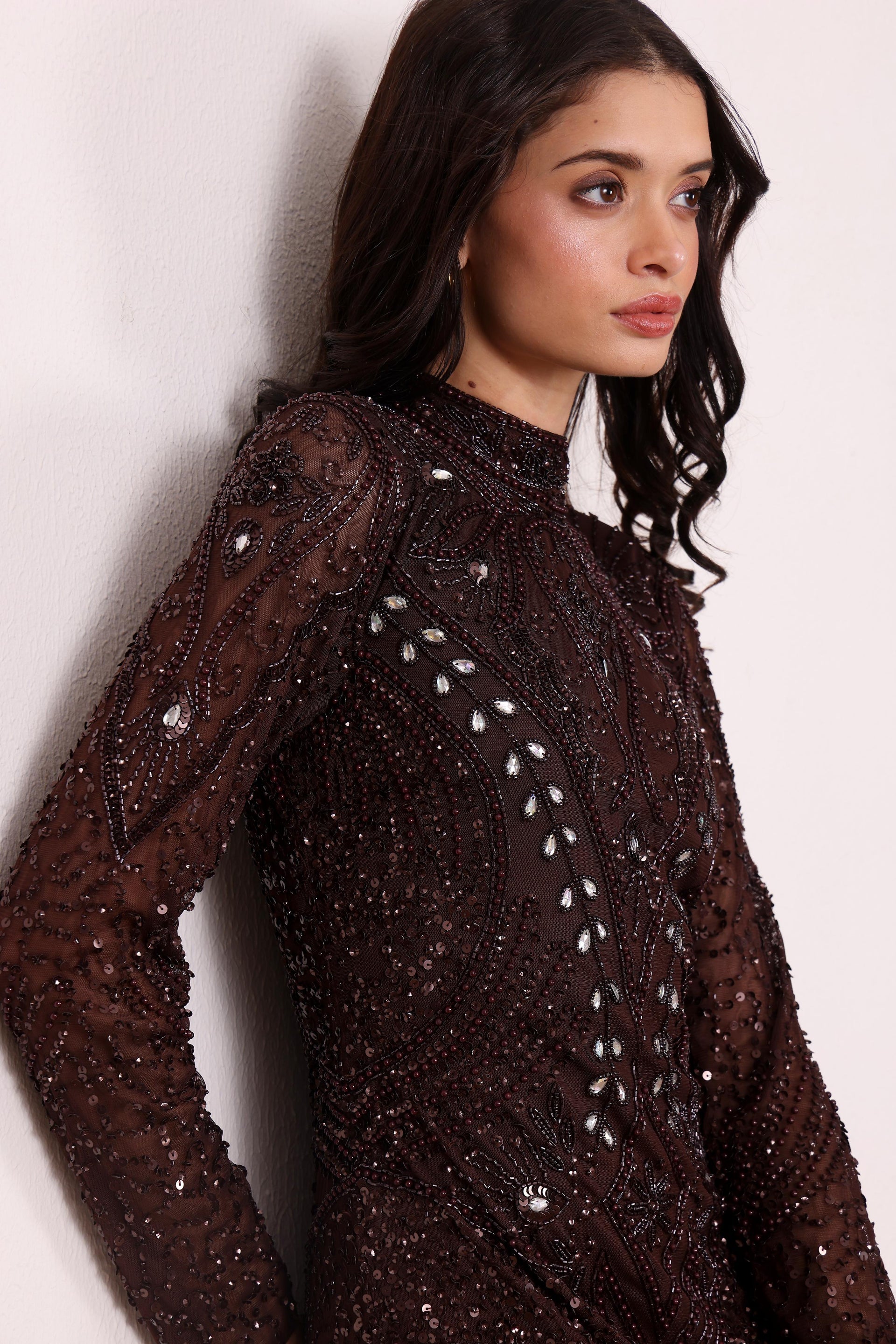 Lotus Embellished Maxi Dress in Chocolate Brown