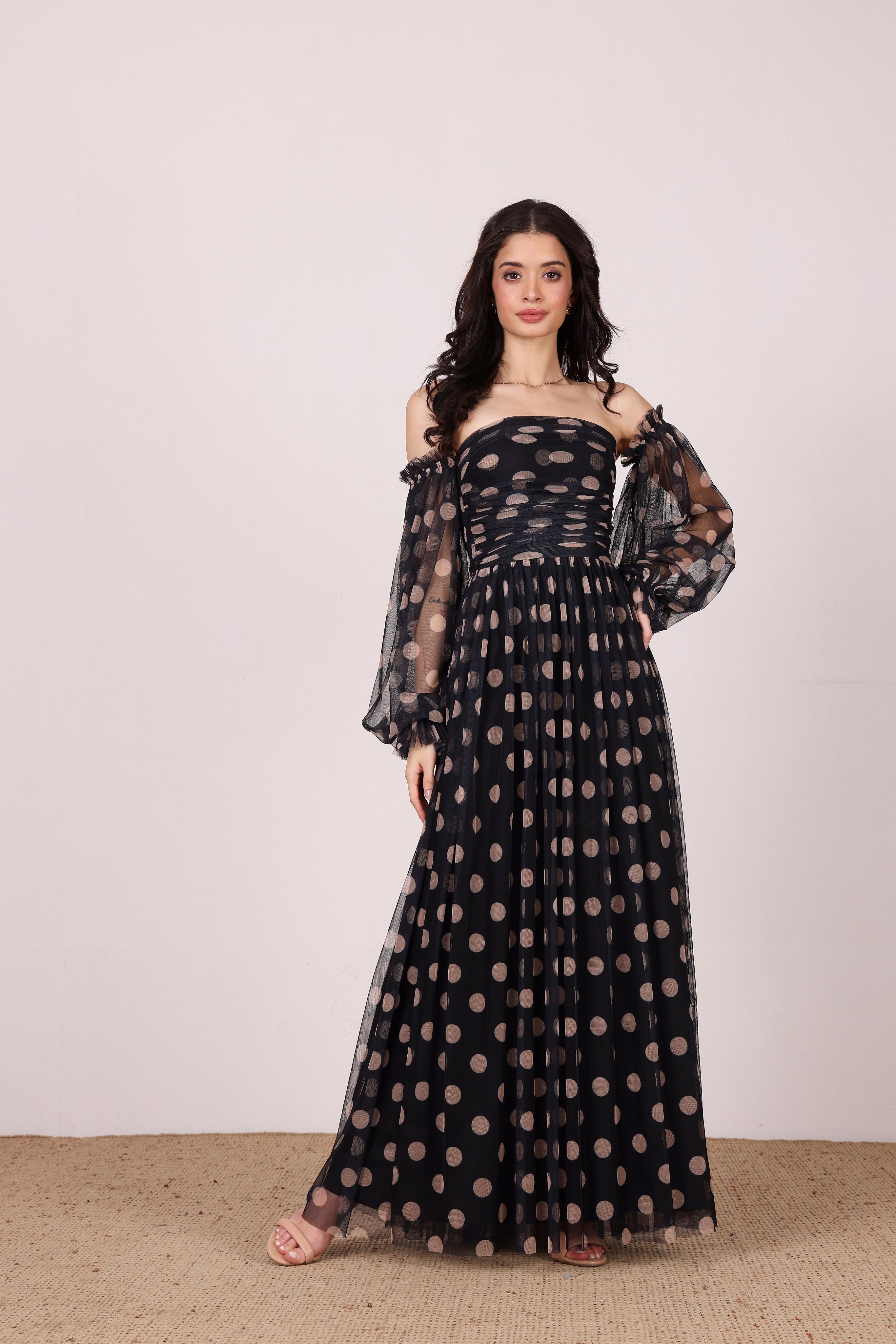 Lana Maxi Dress in Black and Beige Polka Dot