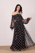 Off shoulder tulle mesh a-line pleated skirt maxi dress formal holiday black beige polka