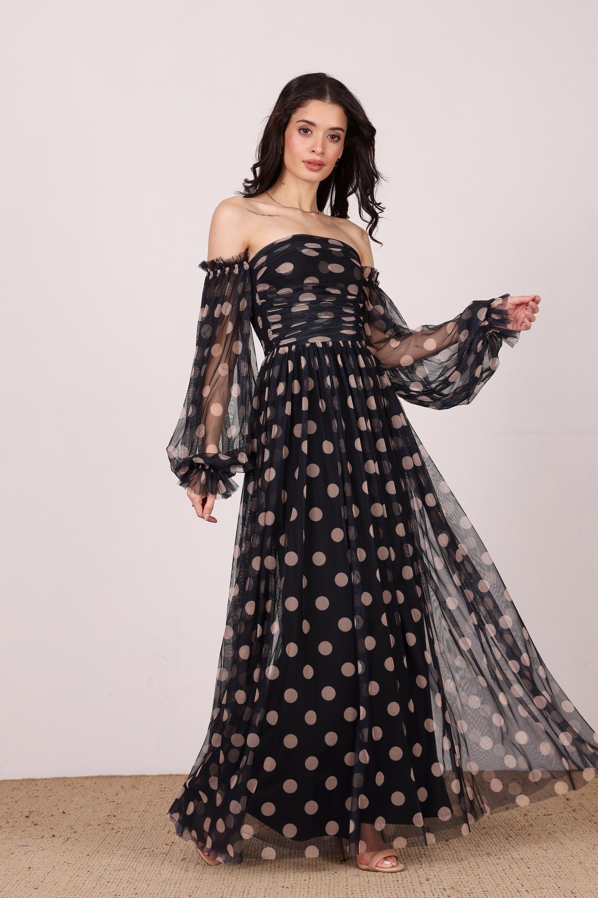 Off shoulder tulle mesh a-line pleated skirt maxi dress formal holiday black beige polka