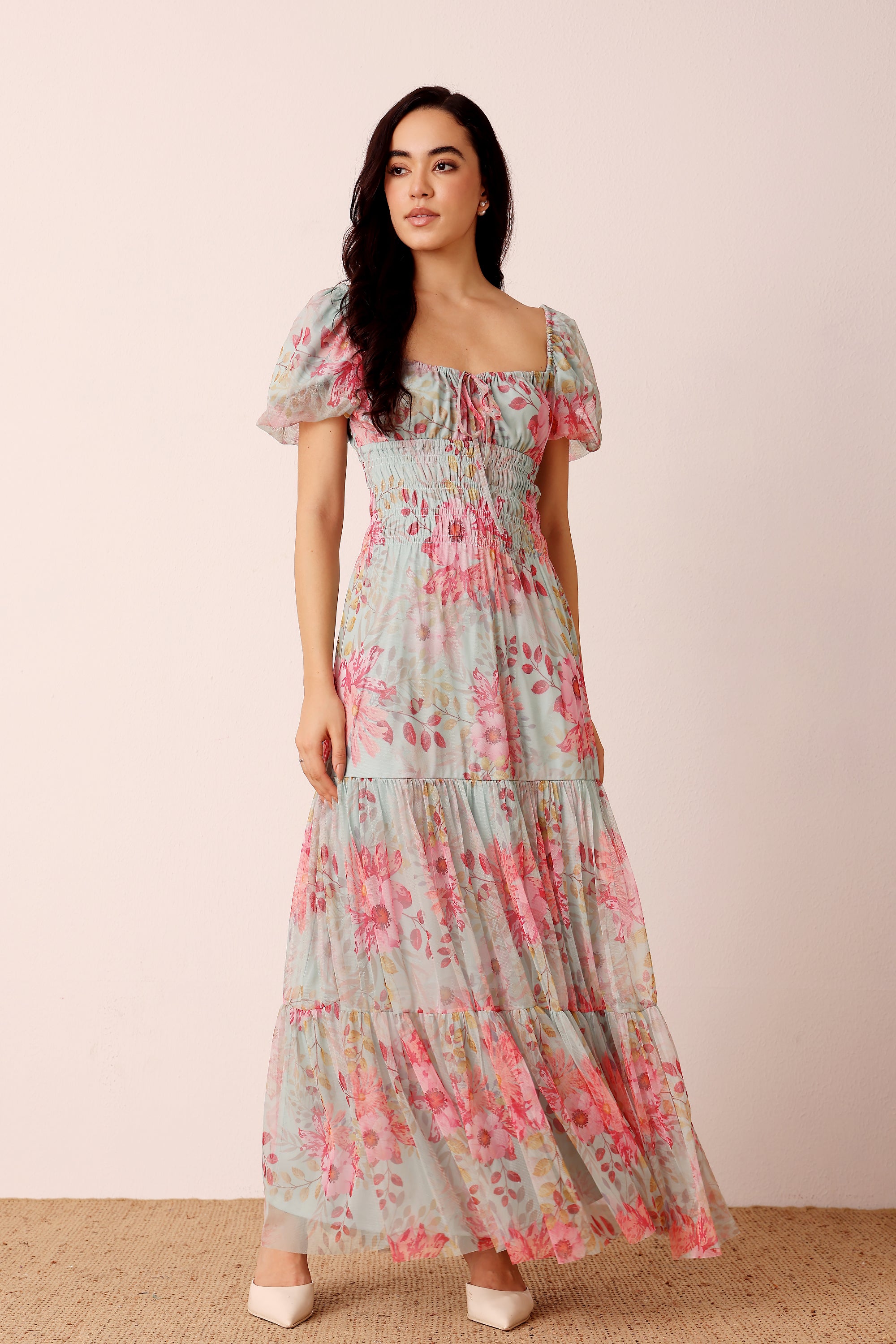 Puff sleeve smocked waist maxi in pink floral holiday vacation
