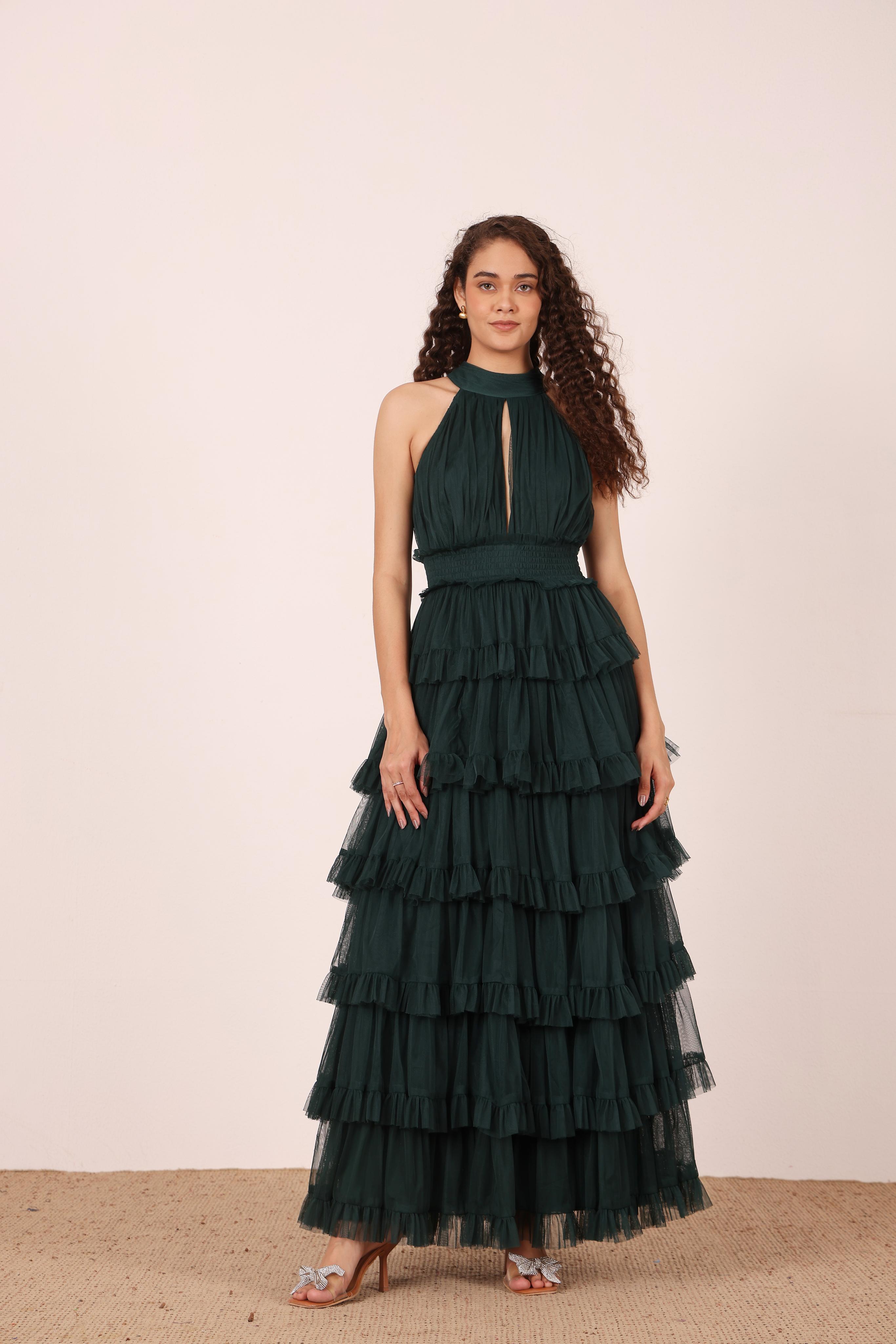 Lucerne High Neck Maxi Dress in Emerald Green