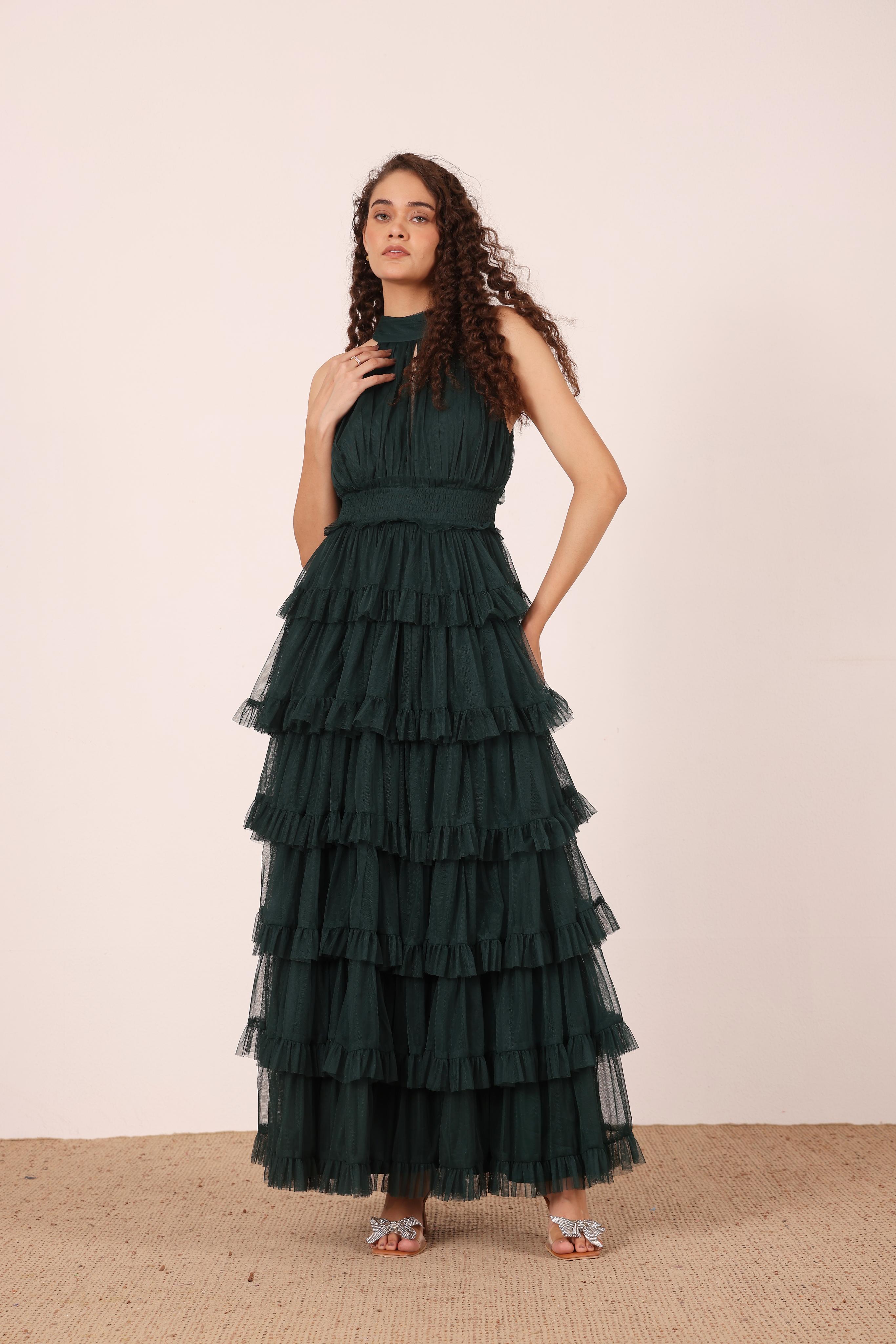 Lucerne High Neck Maxi Dress in Emerald Green