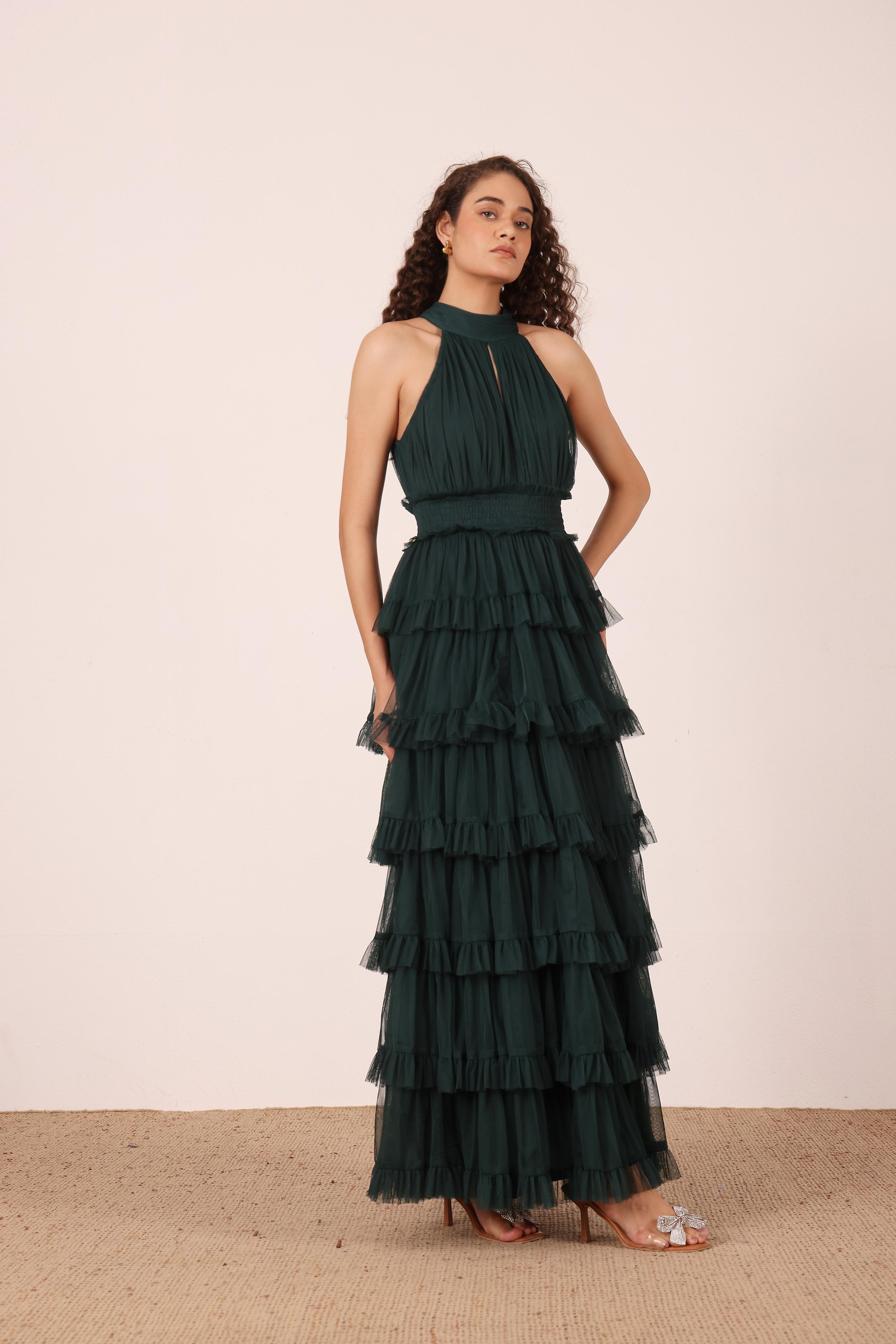 Lucerne High Neck Maxi Dress in Emerald Green – Lace & Beads
