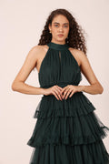 Emerald Forest Green keyhole high neck halter tiered maxi dress backless tulle mesh