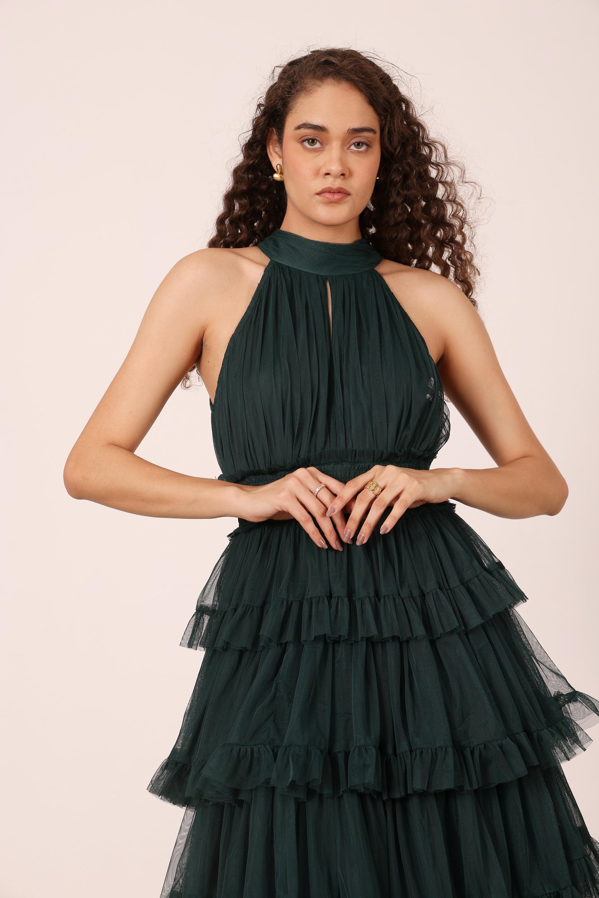 Emerald Forest Green keyhole high neck halter tiered maxi dress backless tulle mesh