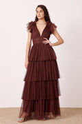 Ruffle shoulder wedding bridesmaid tulle layered maxi dress deep brown 