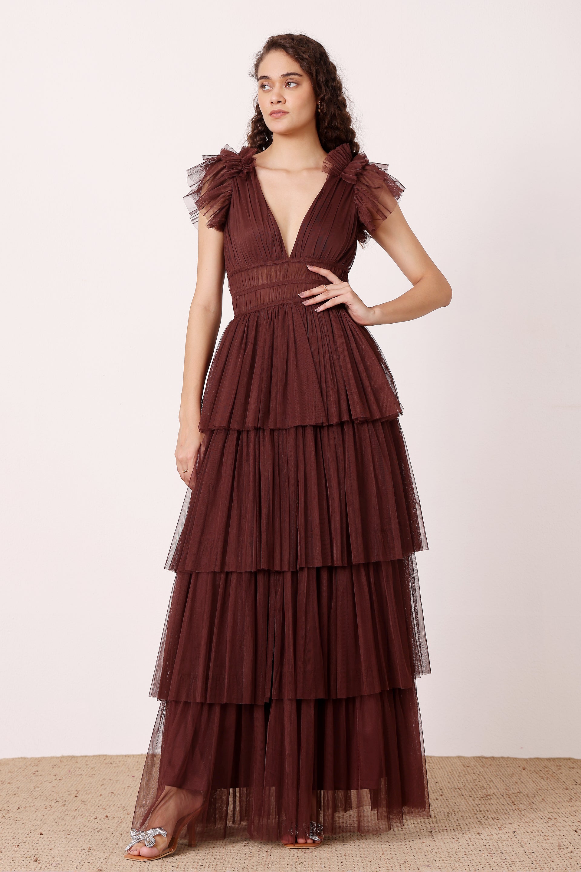 Ruffle shoulder wedding bridesmaid tulle layered maxi dress deep brown 