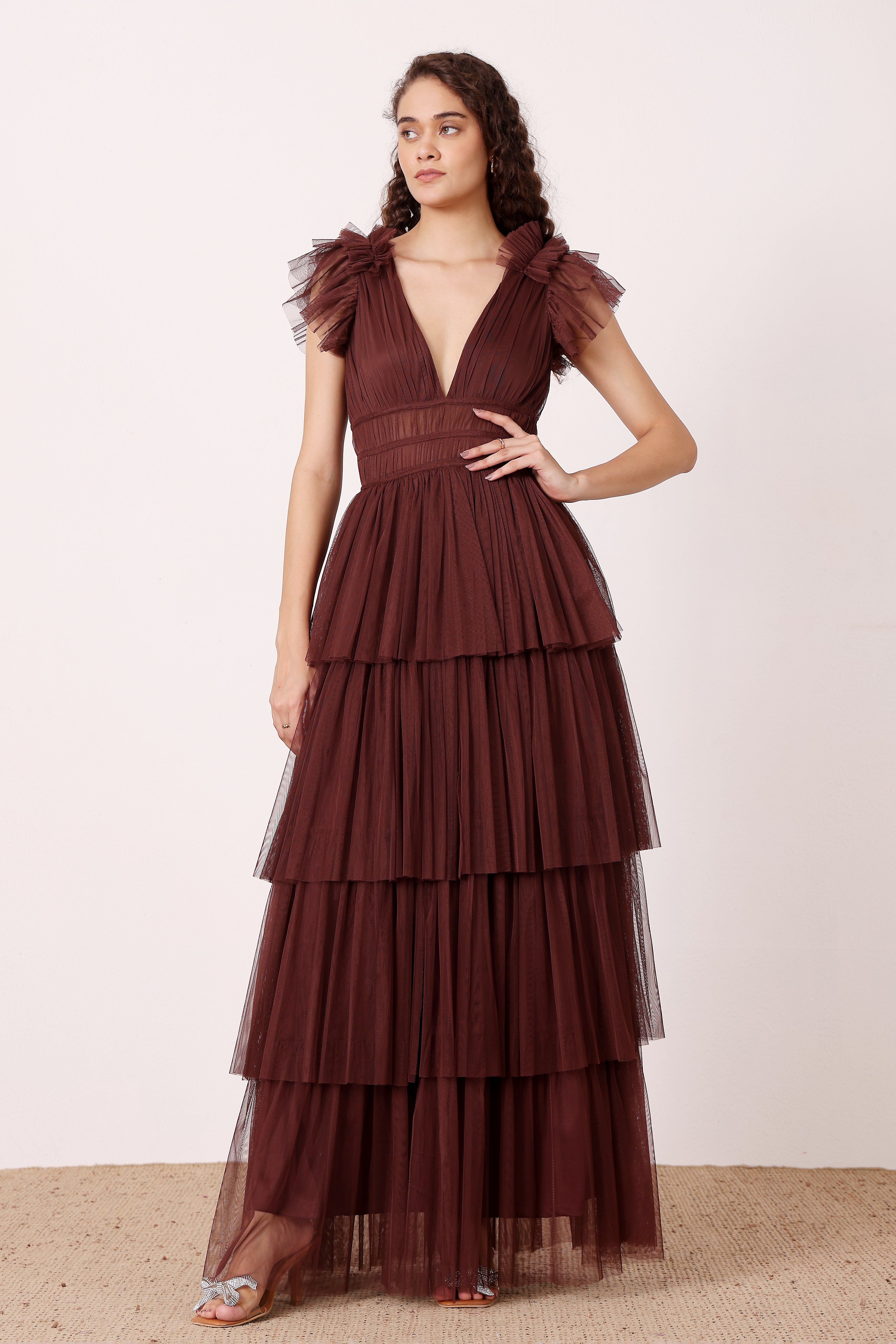 Ruffle shoulder wedding bridesmaid tulle layered maxi dress deep brown 