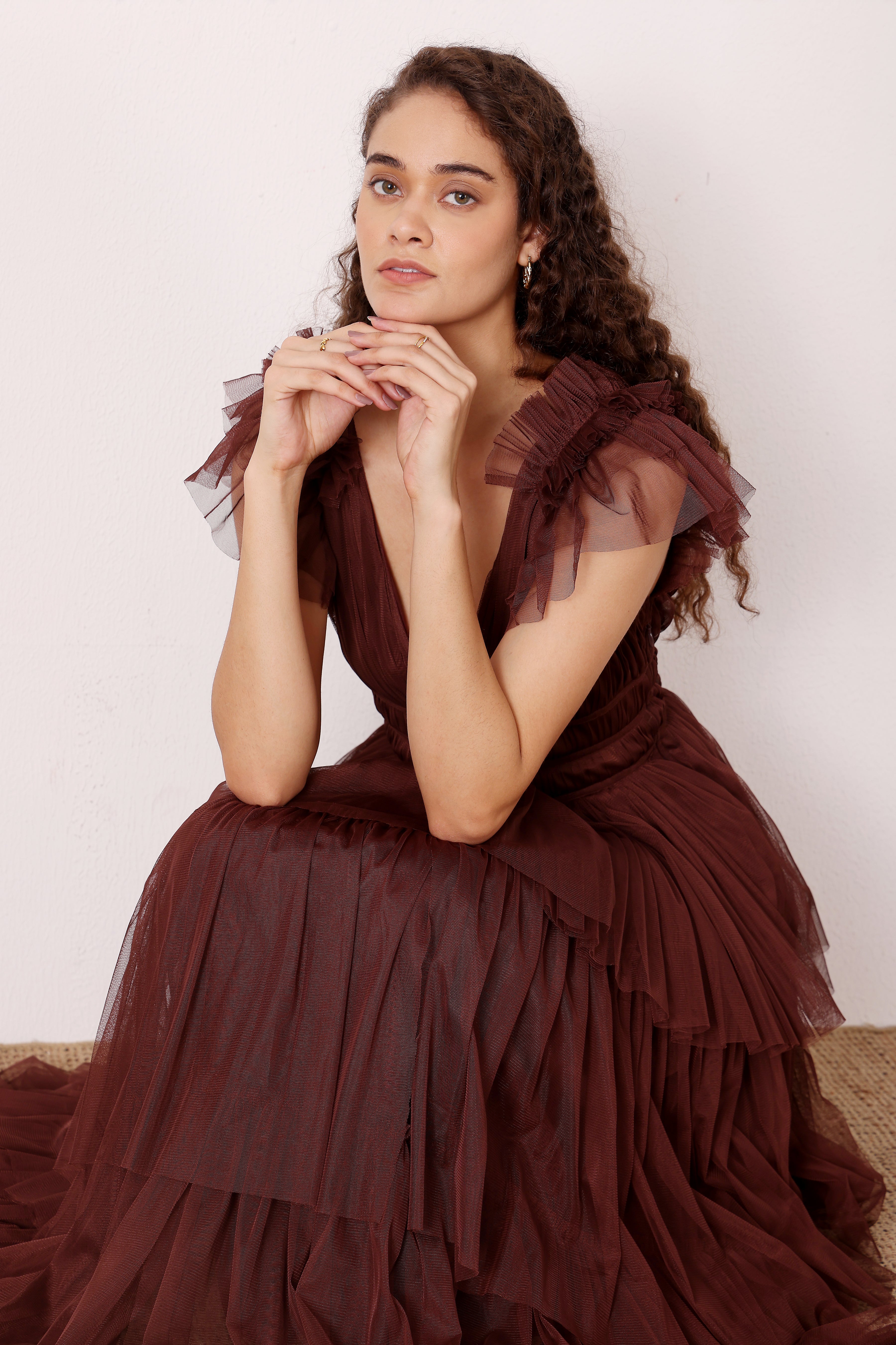Naomi Tulle Maxi Dress in Deep Brown
