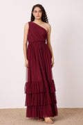 One shoulder maxi dress burgundy wine bridesmaid wedding formal tiered skirt 