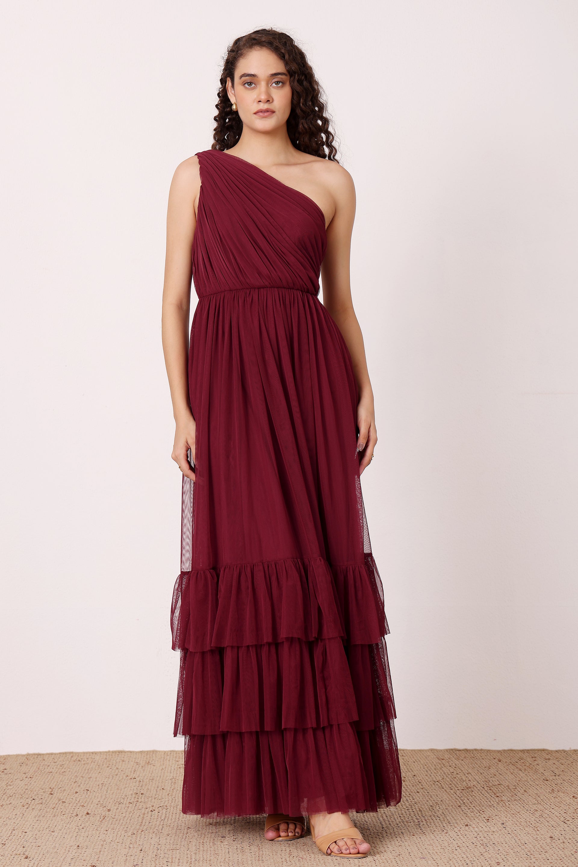 One shoulder maxi dress burgundy wine bridesmaid wedding formal tiered skirt 