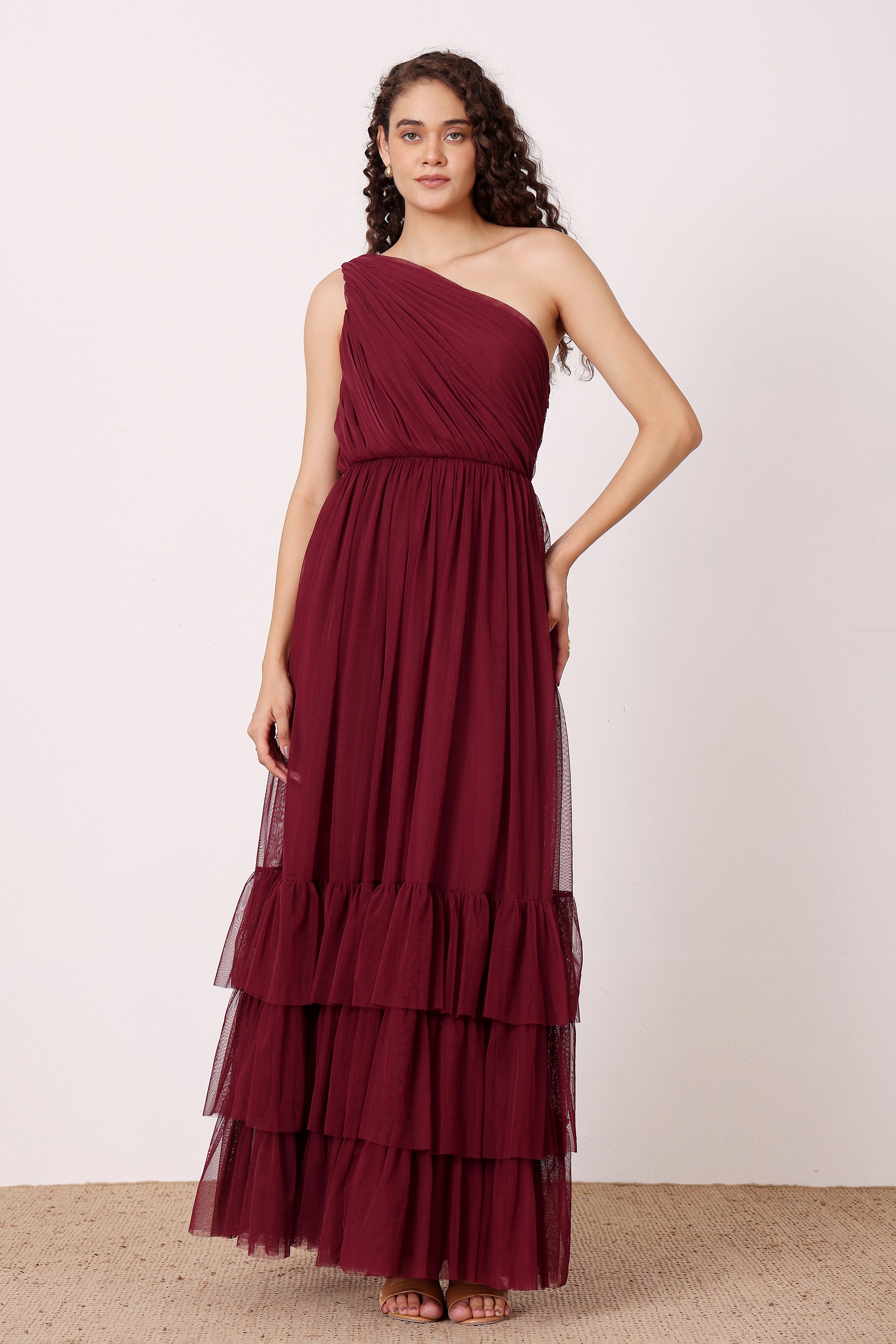 Nicolette One Shoulder Maxi Dress in Wine