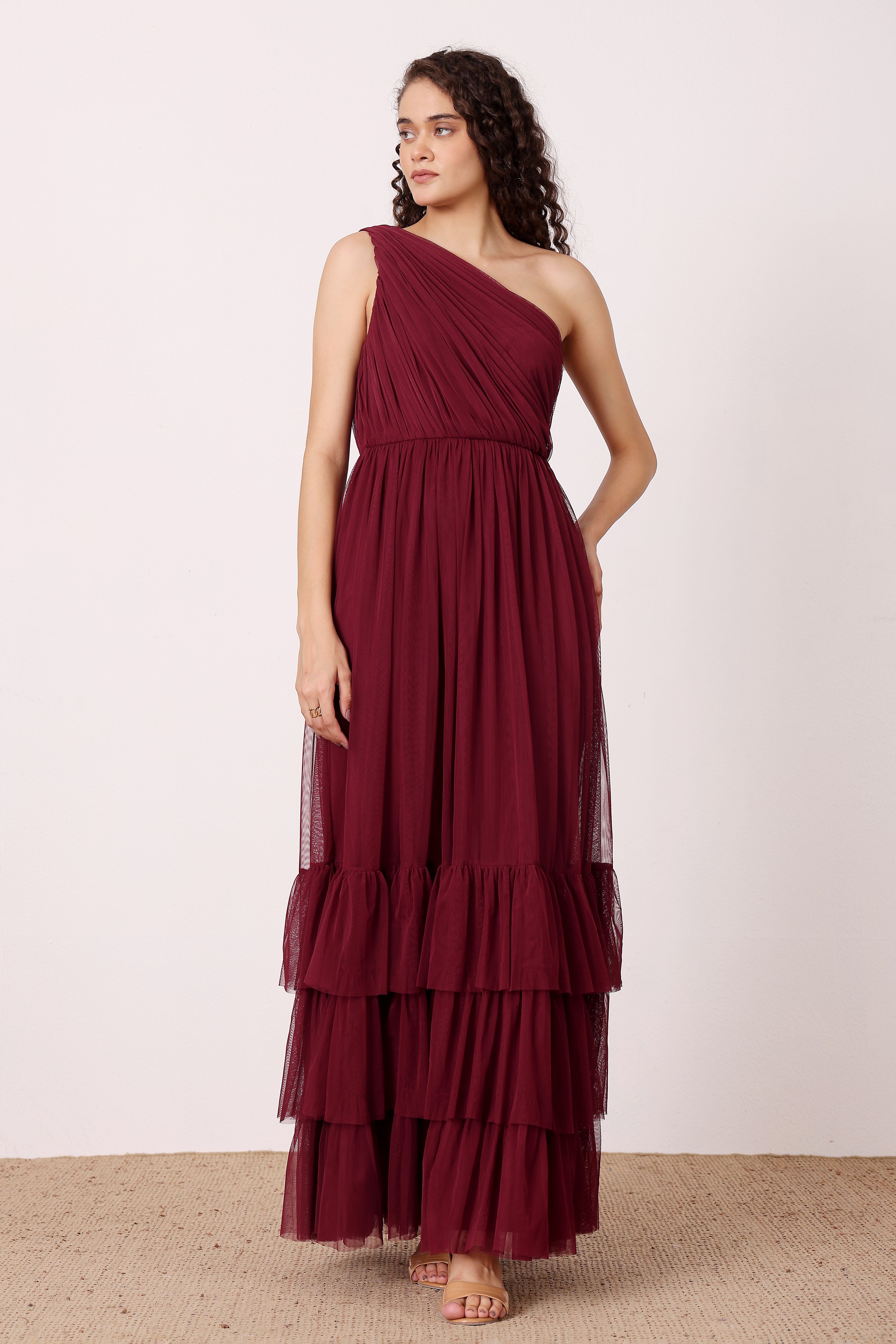 Nicolette One Shoulder Maxi Dress in Wine
