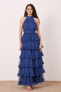 Halter High neck keyhole backless tiered skirt maxi dress cobalt blue formal evening gown