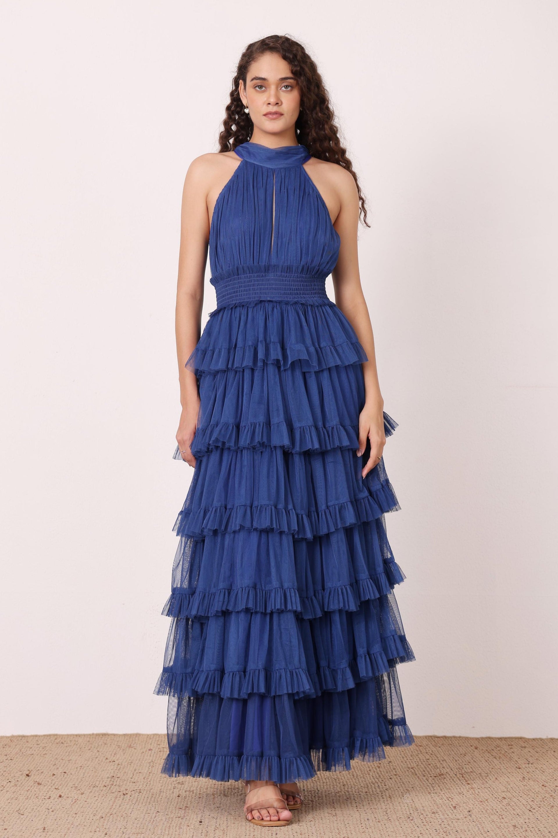 Halter High neck keyhole backless tiered skirt maxi dress cobalt blue formal evening gown