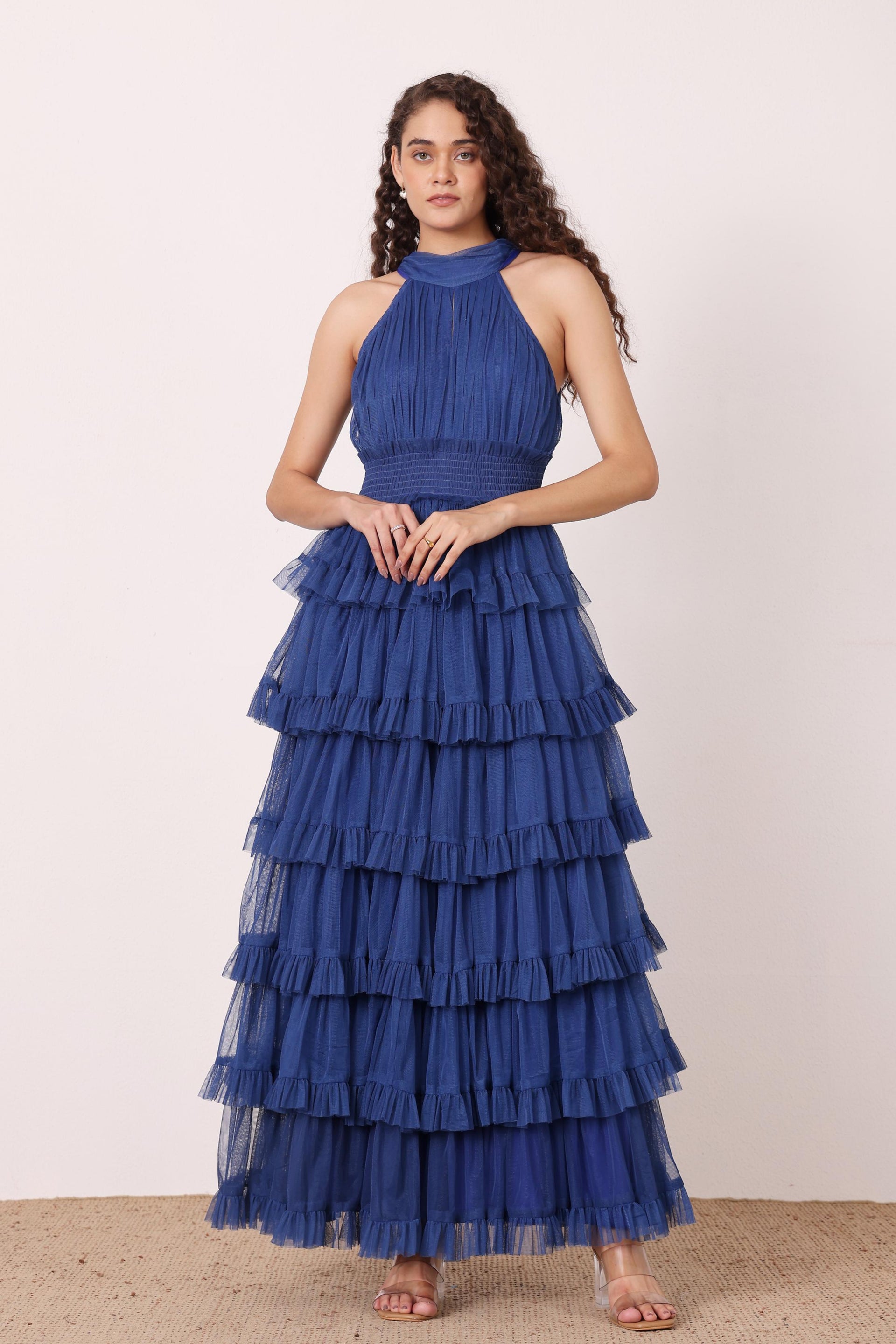 Halter High neck keyhole backless tiered skirt maxi dress cobalt blue formal evening gown