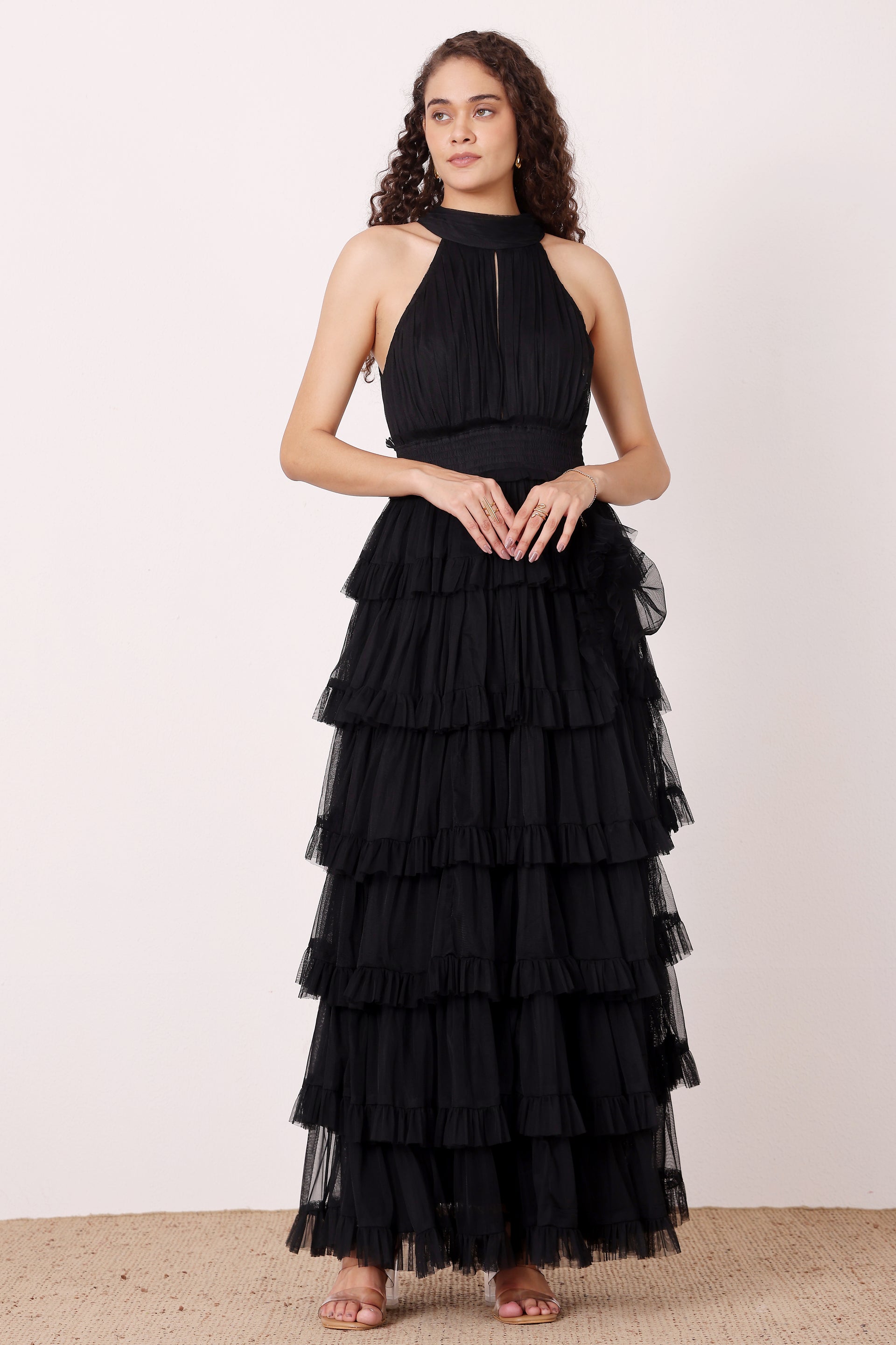 Sleeveless high neck tulle ruffle skirt maxi dress formal black wedding guest backless open back