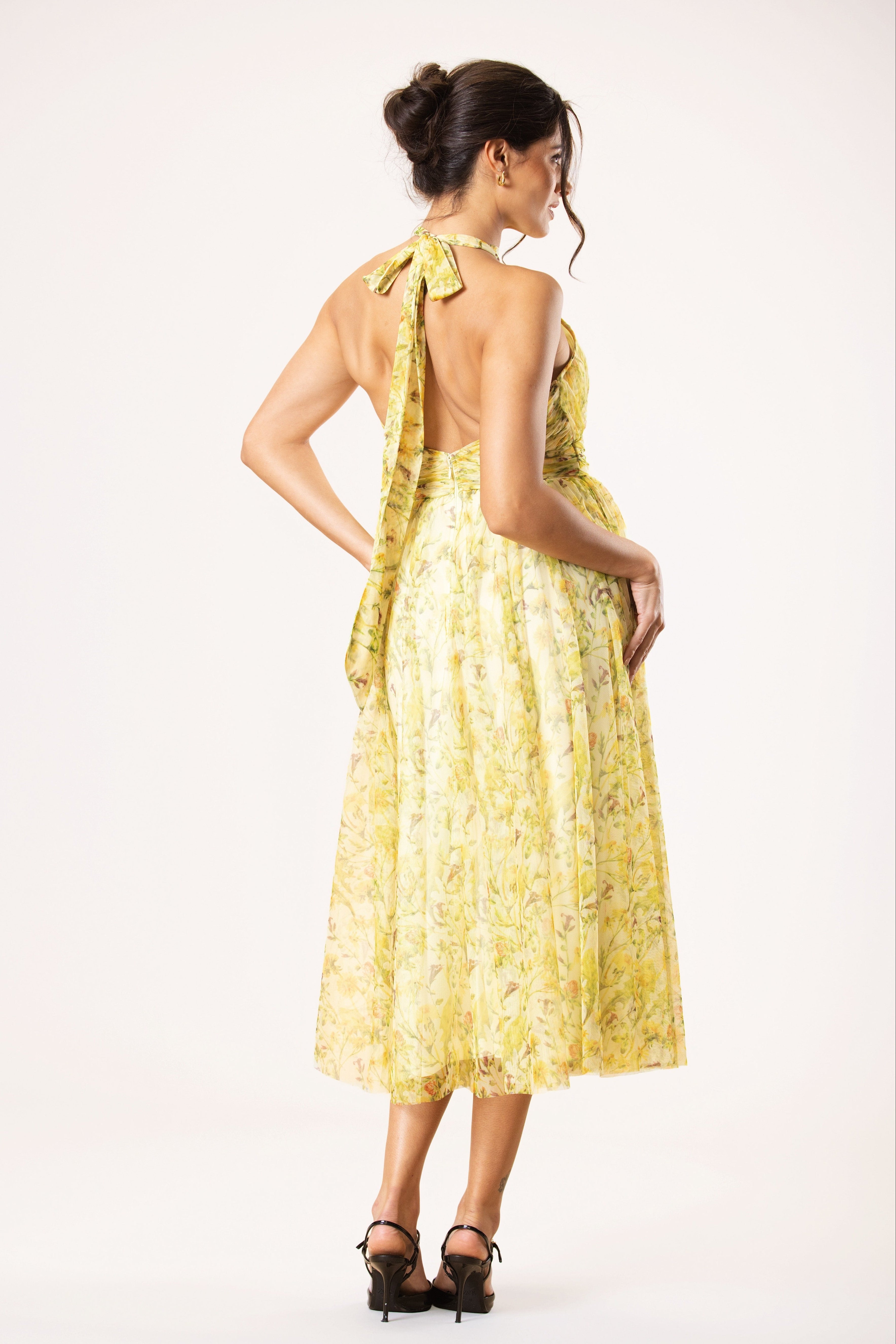 Vera Tulle Midi Dress in Yellow Floral