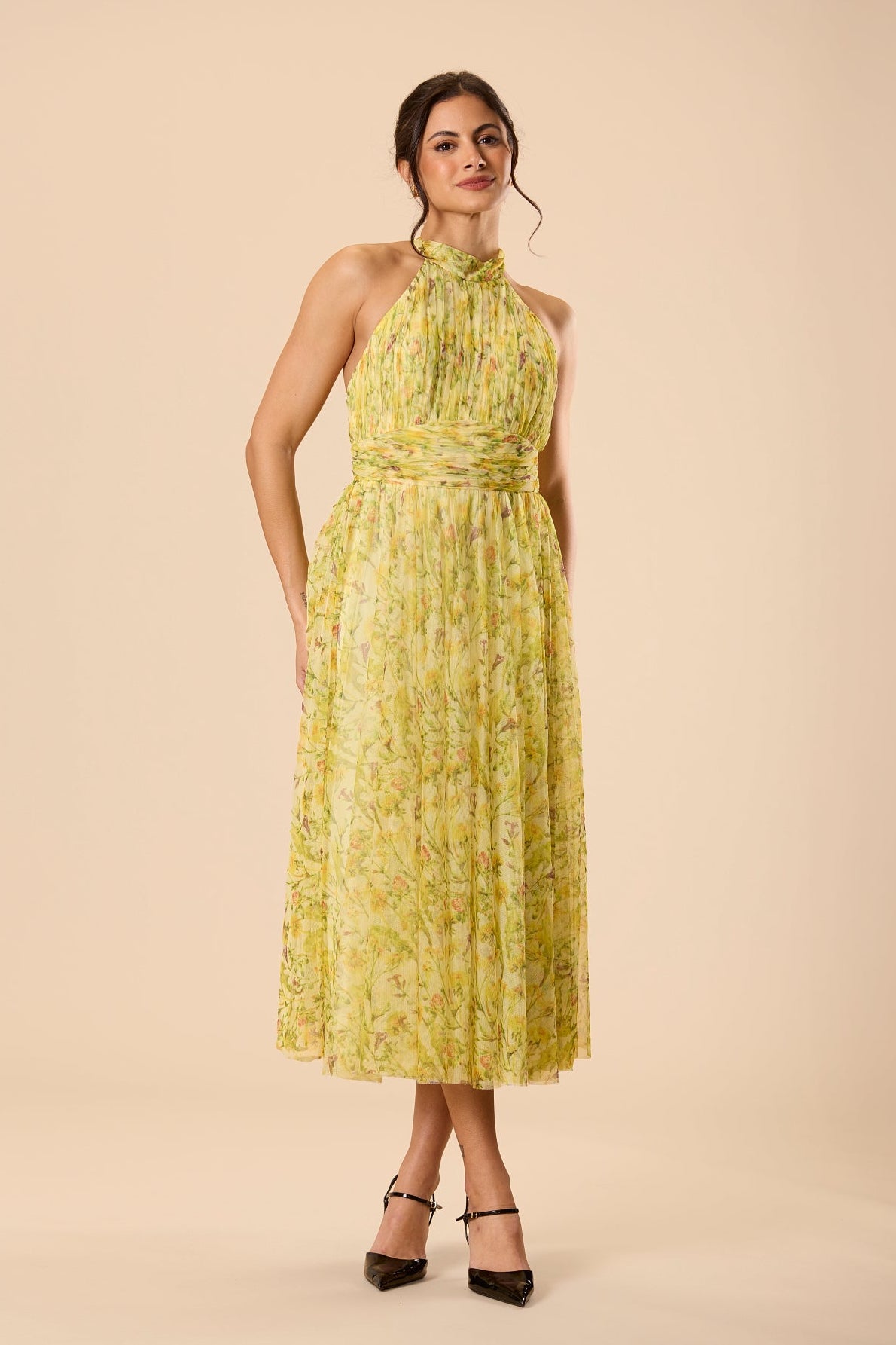 High neck backless tulle mesh yellow floral print midi dress wedding spring summer