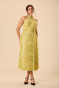 High neck backless tulle mesh yellow floral print midi dress wedding spring summer
