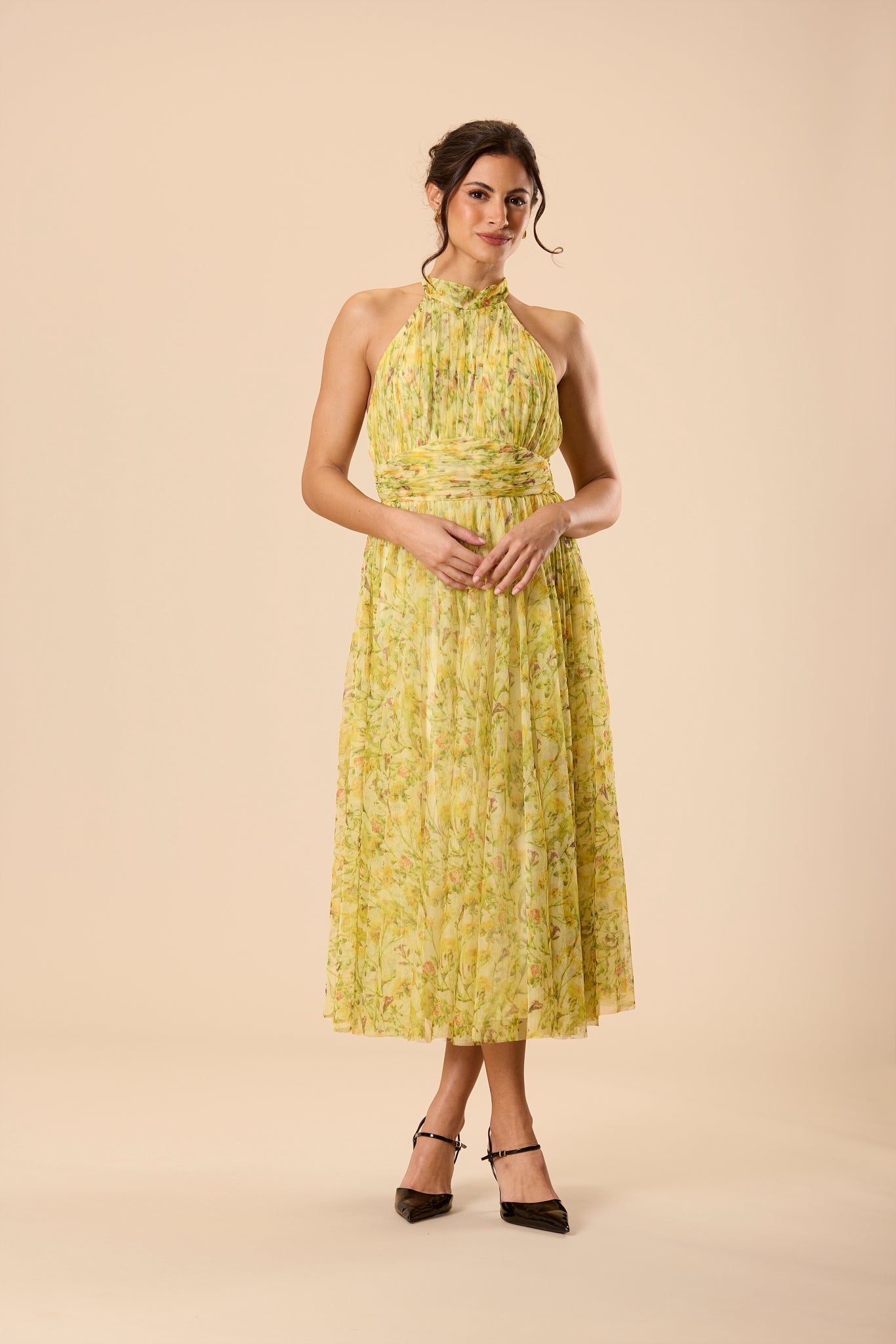 Vera Tulle Midi Dress in Yellow Floral