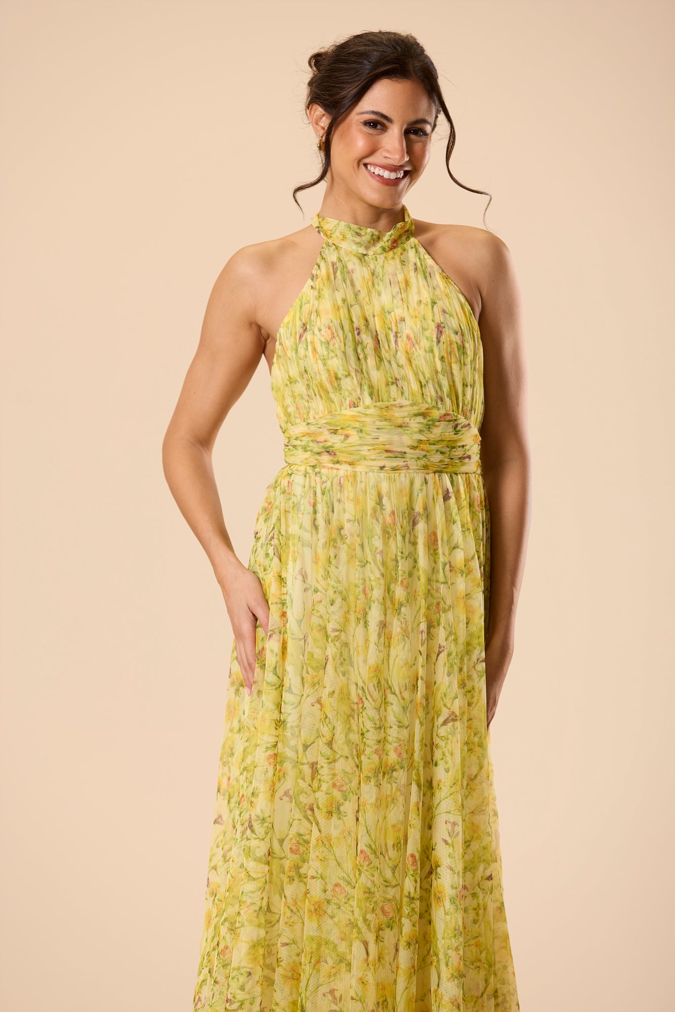 Vera Tulle Midi Dress in Yellow Floral