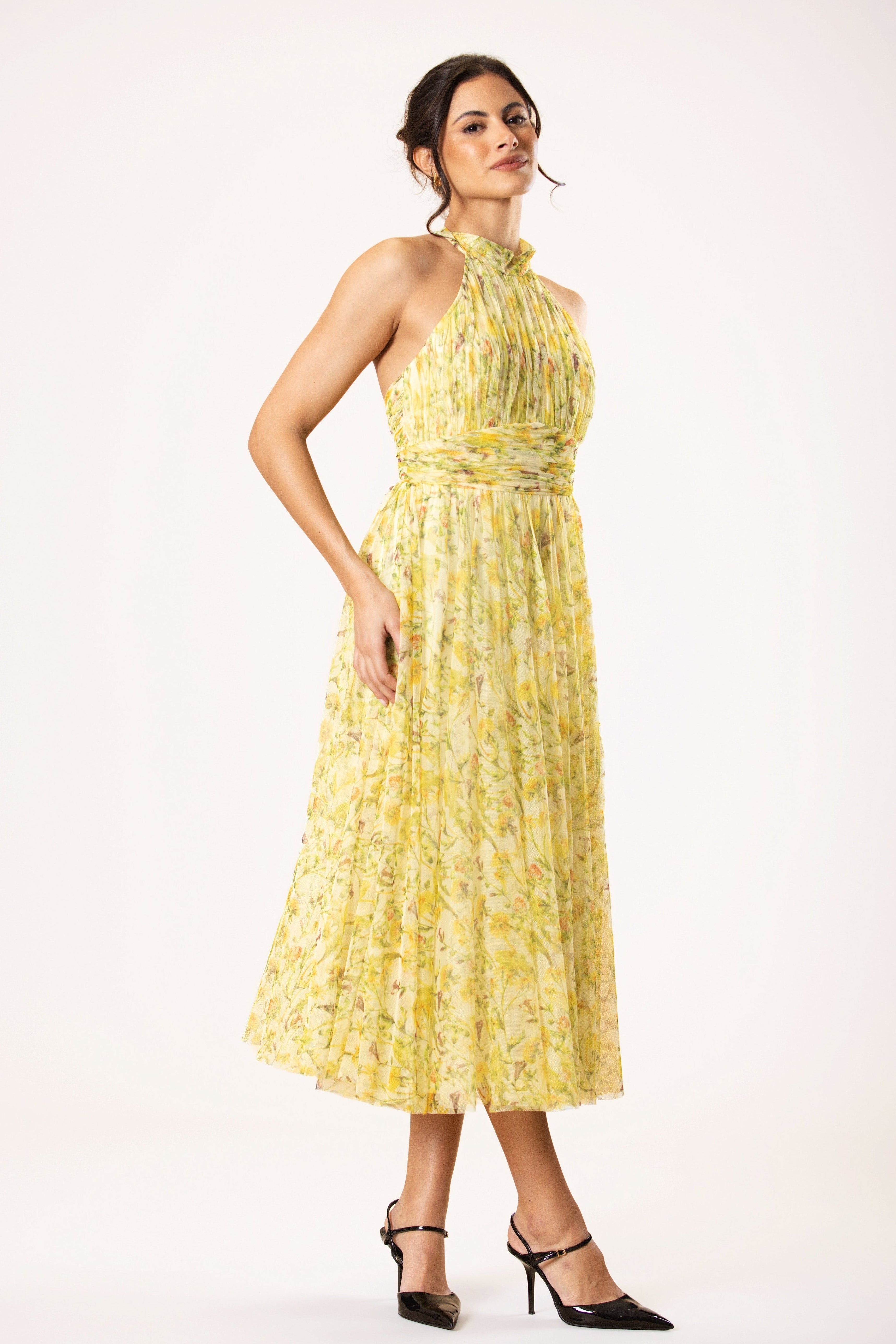 High neck backless tulle mesh yellow floral print midi dress wedding spring summer