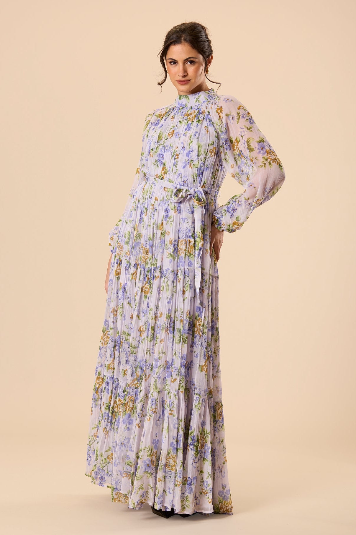 Chiffon Modest Long Sleeve High Neck Lilac Floral Print Maxi Dress Wedding Holiday 